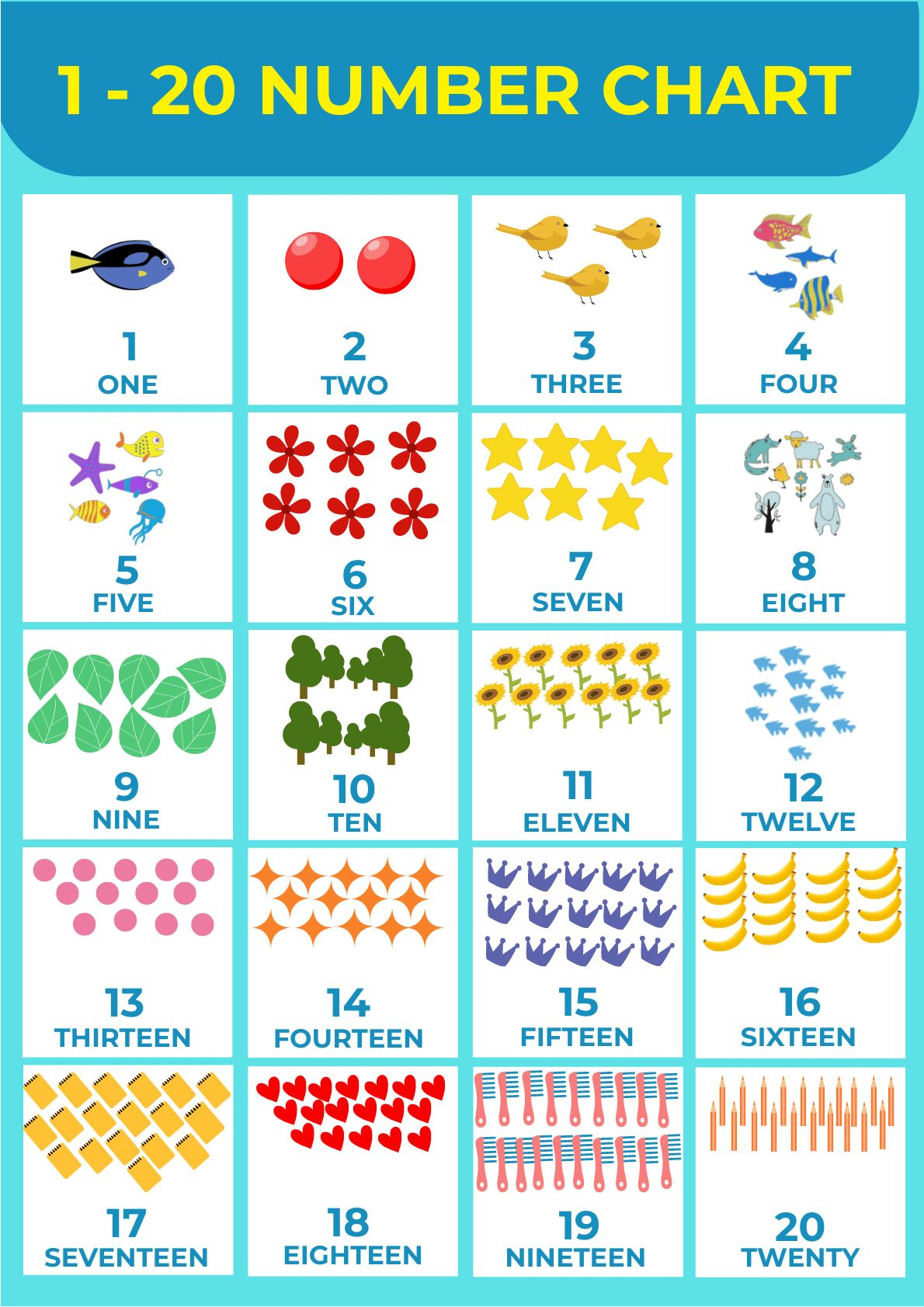 1-20 Number Chart In Illustrator, Pdf - Download | Template within 1-20 Number Chart with Pictures Printable