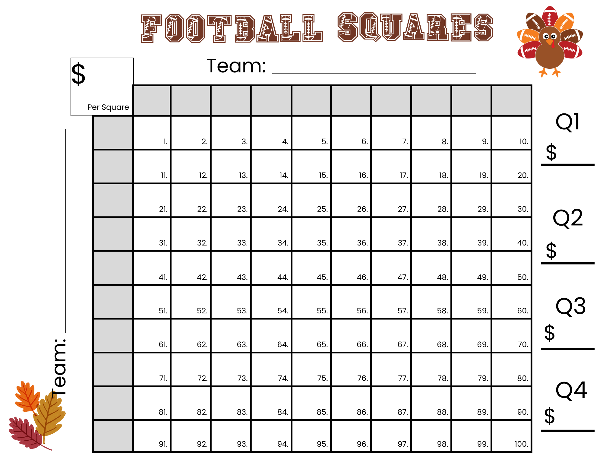 100 Thanksgiving Football Squares Game Printable inside Free Printable Football Squares with Numbers
