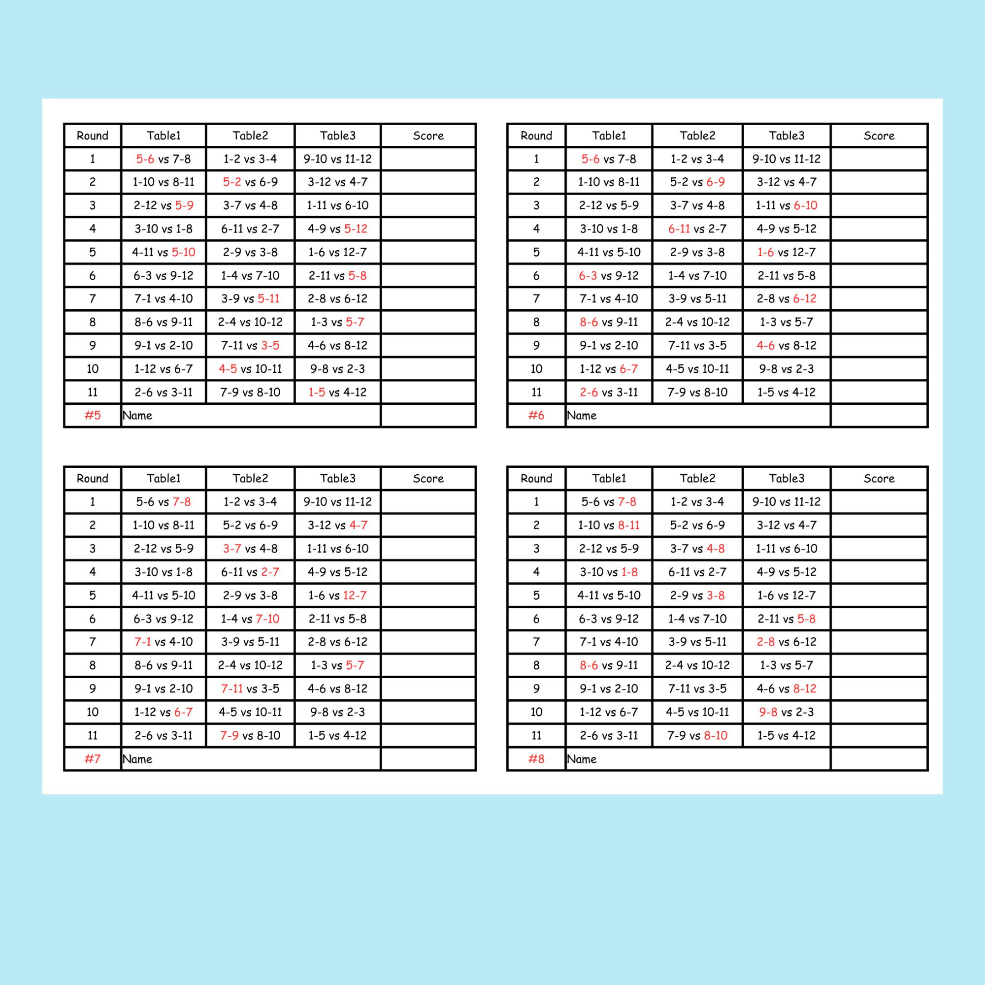 12 Person Euchre Tournament Rotation 3 Table Score Card for Printable Euchre Score Cards For 12 Players