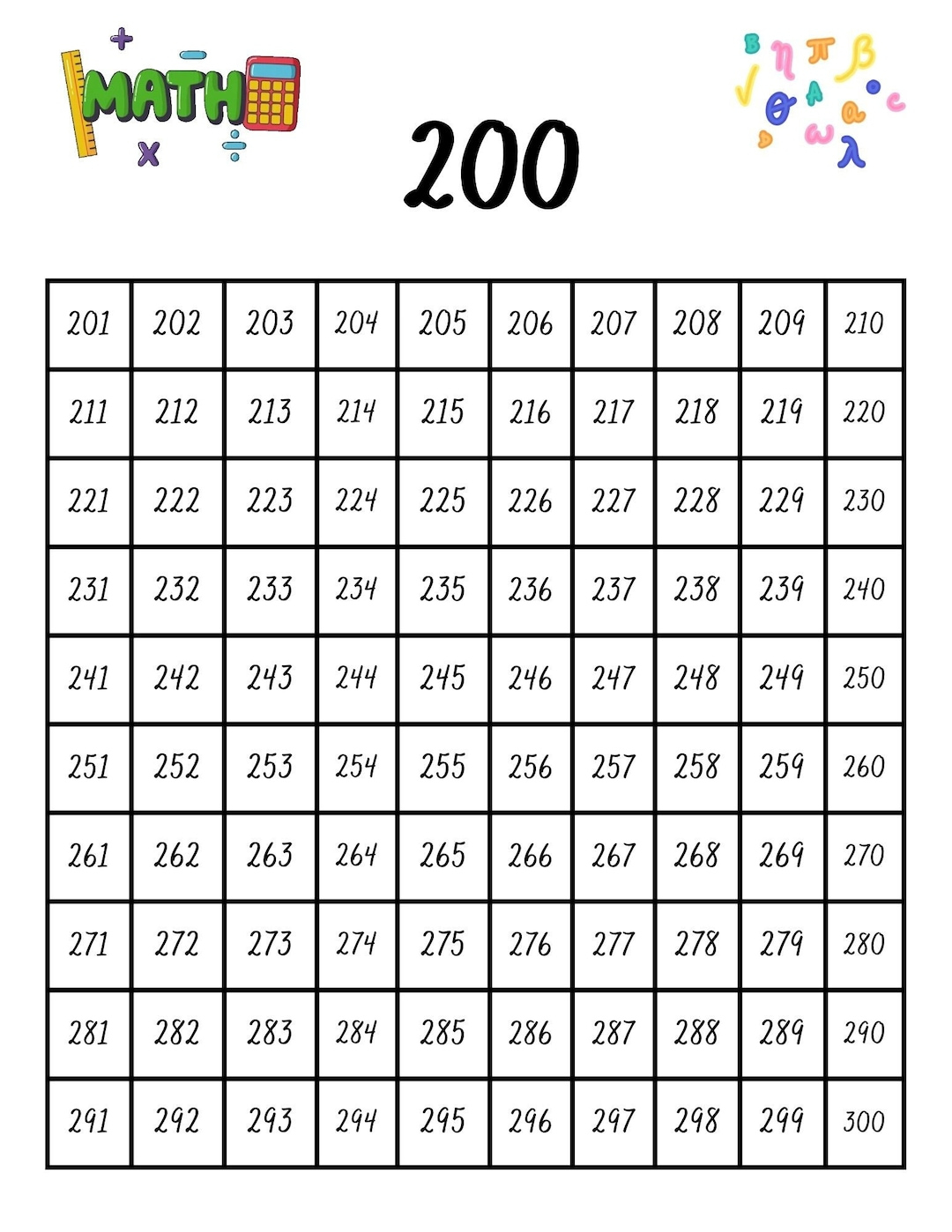 200 Chart (Digital, Printable) - Etsy Uk intended for 100-200 Number Chart Printable
