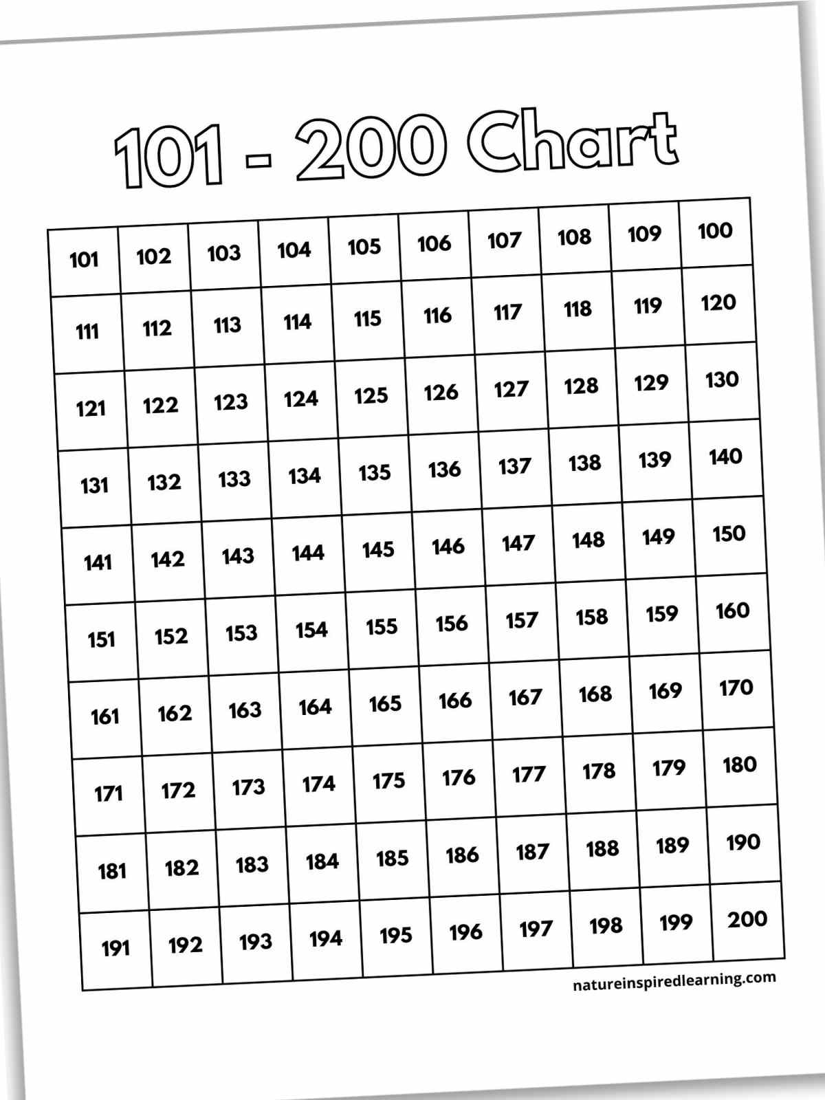 200 Chart Printables - Nature Inspired Learning within 100 to 200 Chart Printable