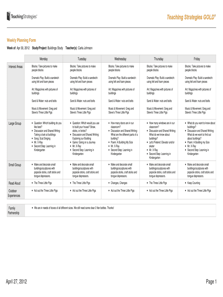 2012-2025 Teaching Strategies Gold Weekly Planning Form Fill with Teaching Strategies Gold Objectives Printable