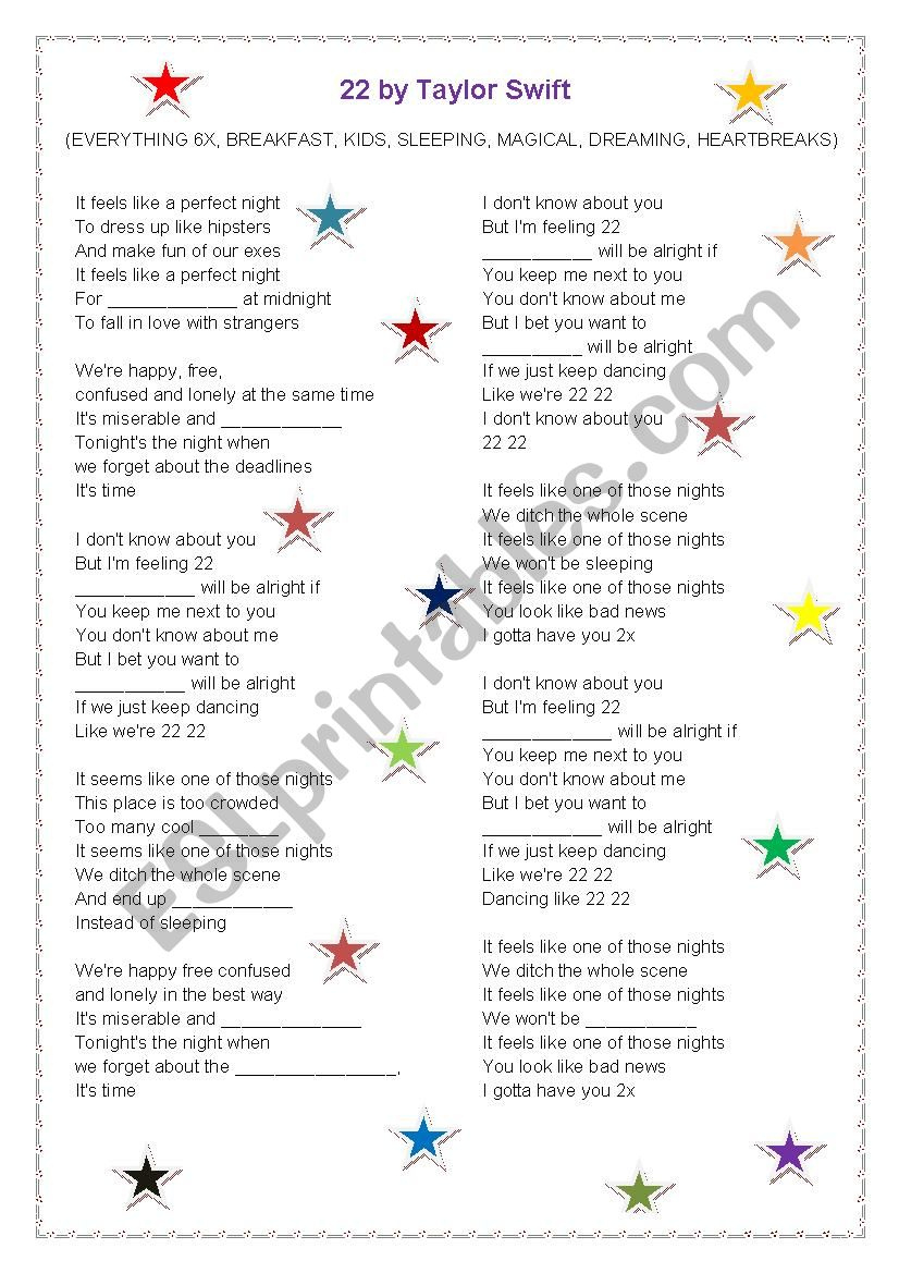 22Taylor Swift - Esl Worksheetteacherfer with Taylor Swift 22 Lyrics Printable
