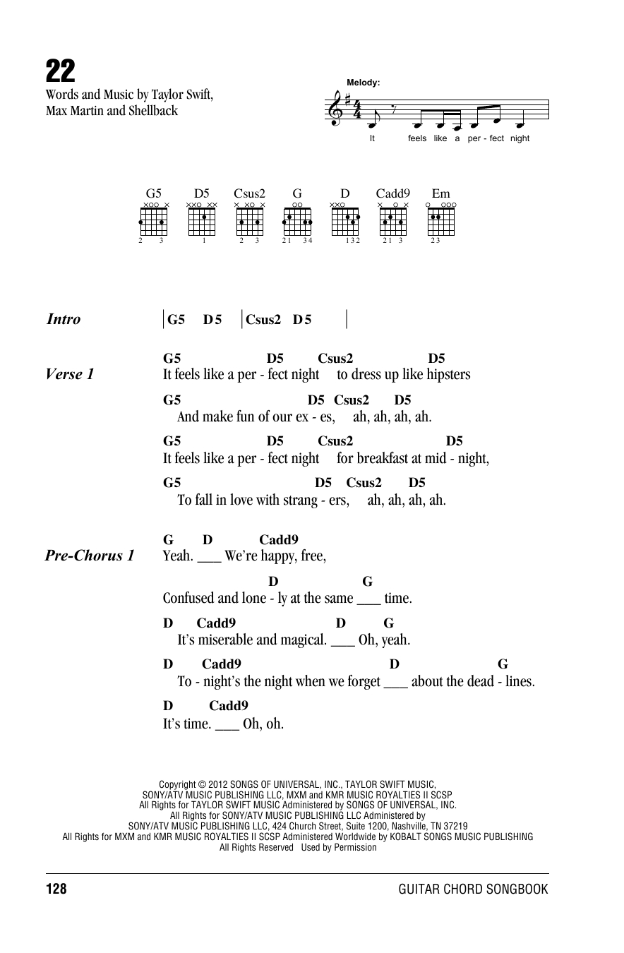 22Taylor Swift Guitar Chords/Lyrics Digital Sheet Music regarding Taylor Swift 22 Lyrics Printable