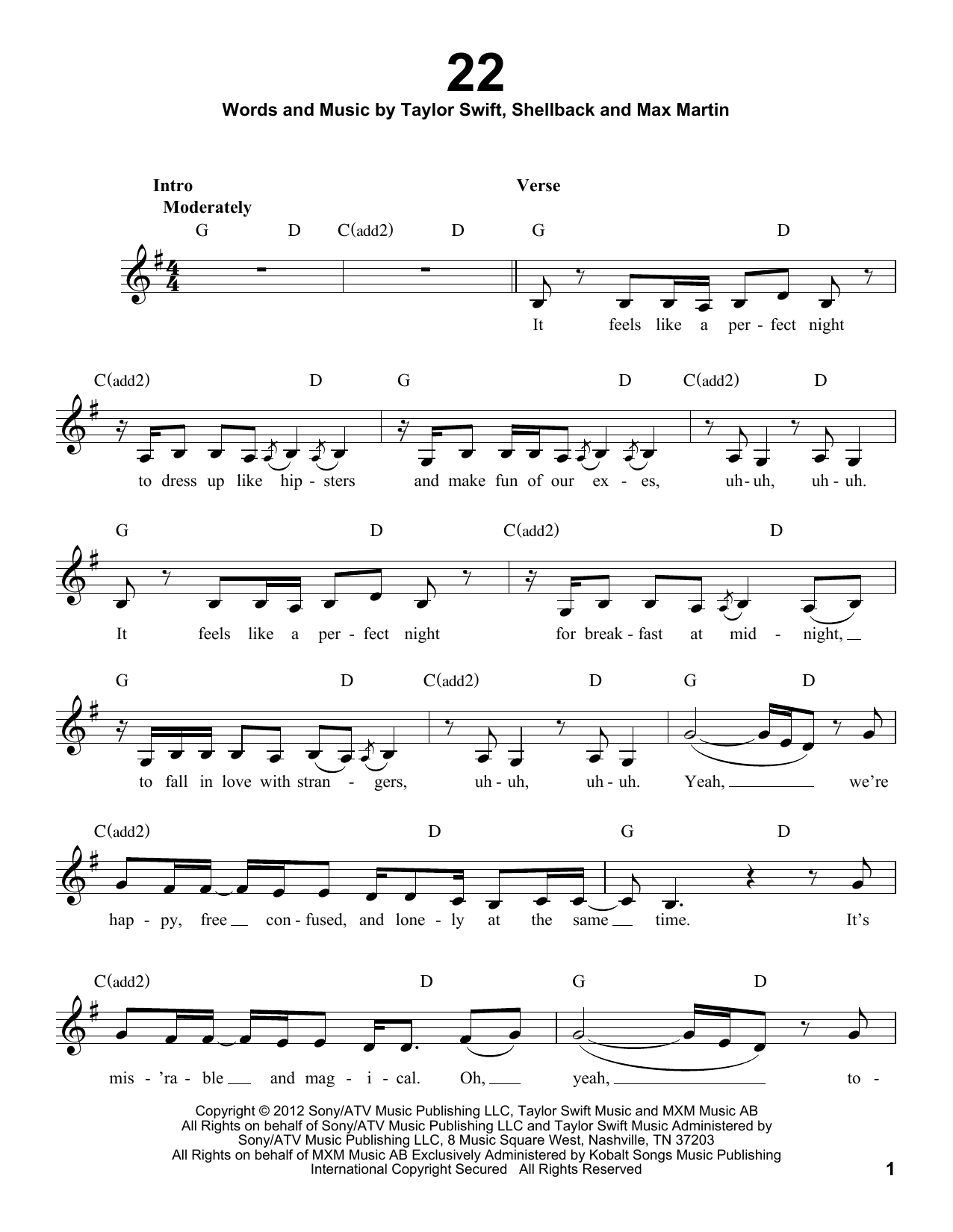 22Taylor Swift Sheet Music For Pro Vocal At Sheet Music Direct for Taylor Swift 22 Lyrics Printable