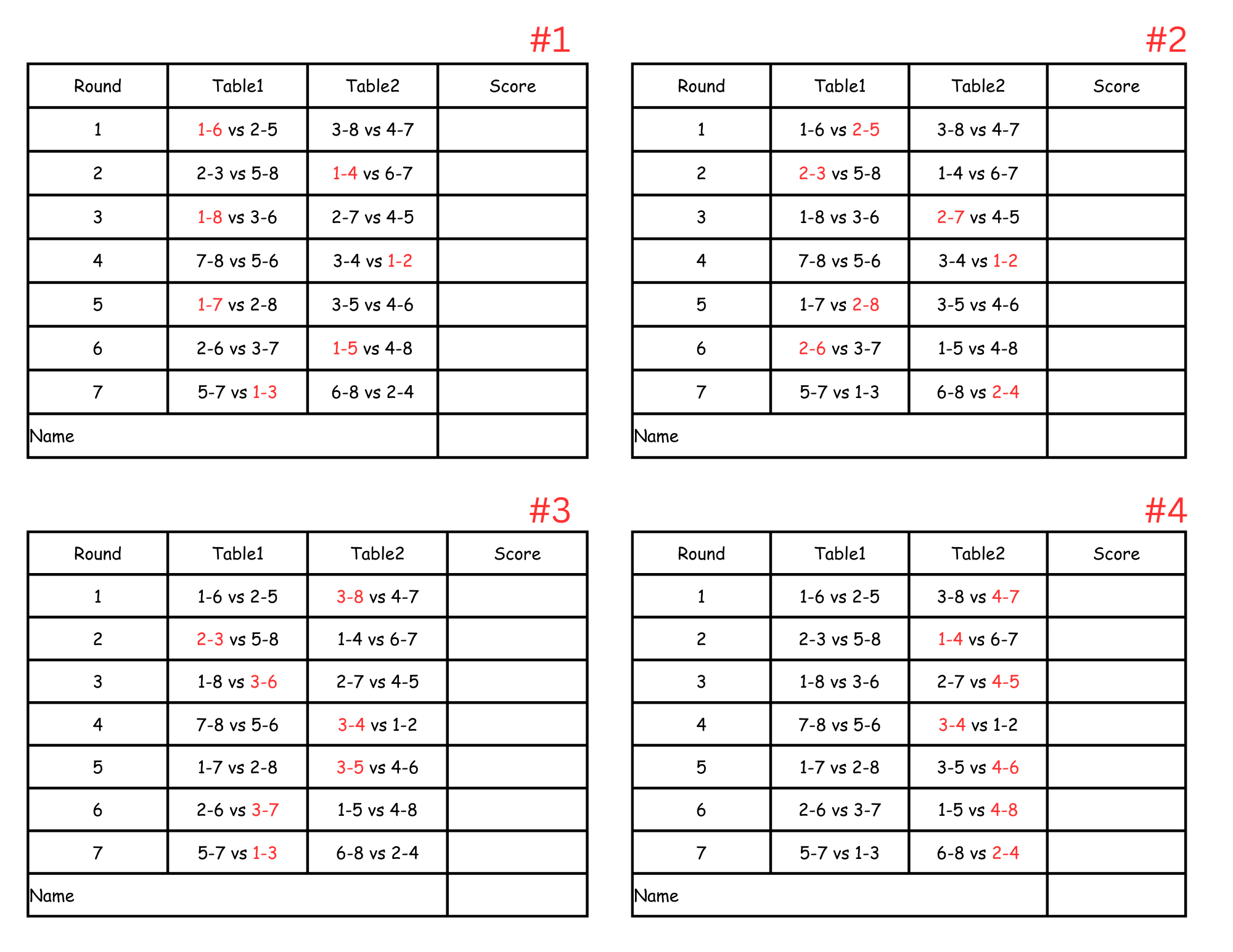 8 Person Euchre Tournament Rotation 2 Table Score Card inside Printable Euchre Tally Cards For 8 Players