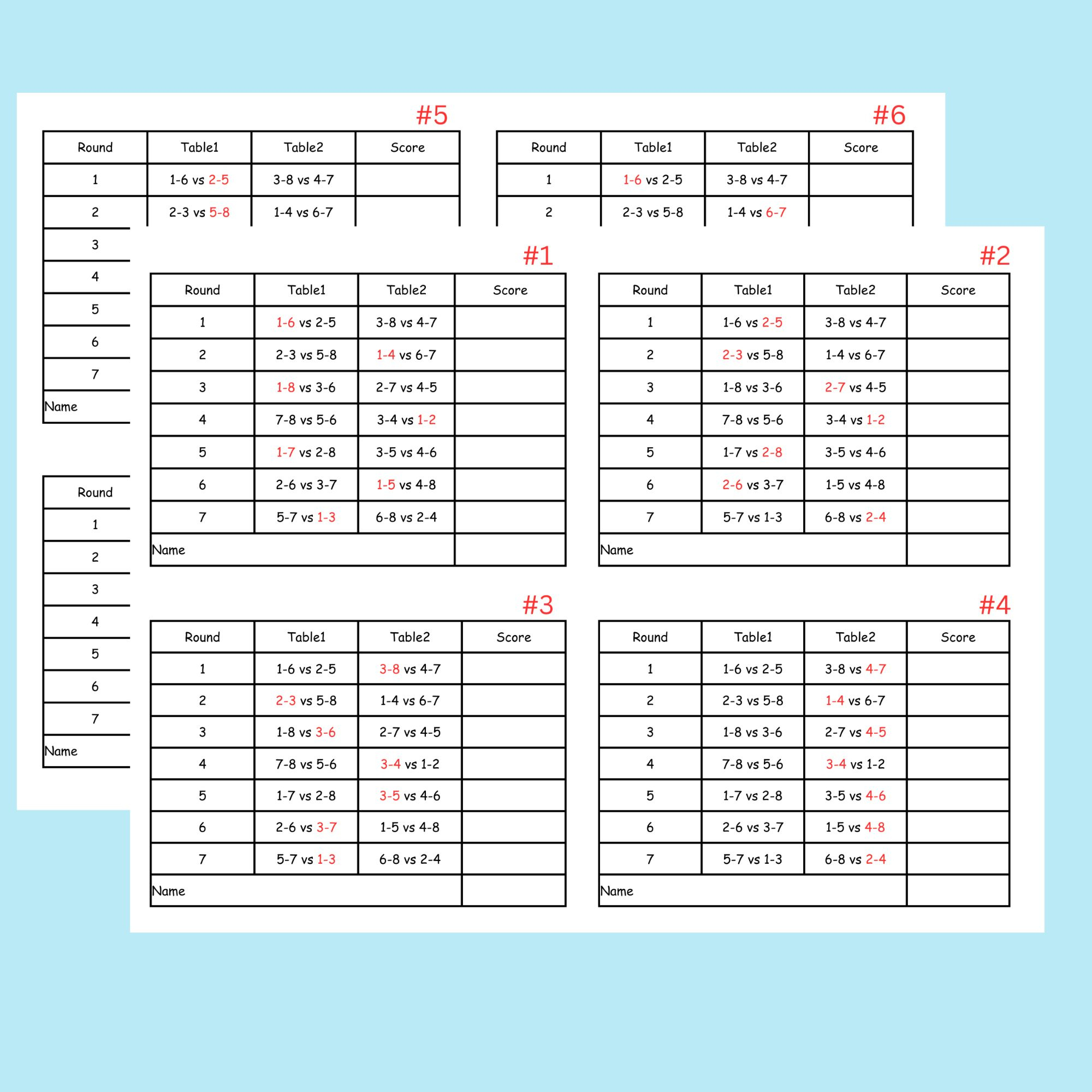 8 Person Euchre Tournament Rotation 2 Table Score Card with regard to Printable Euchre Tally Cards For 8 Players
