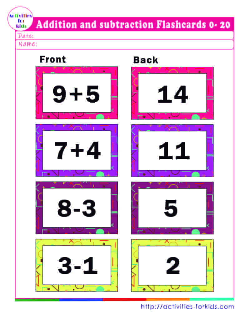 Addition And Subtraction Flash Cards 0-20 Printable Free in Addition and Subtraction Flash Cards 0-20 Printable Free