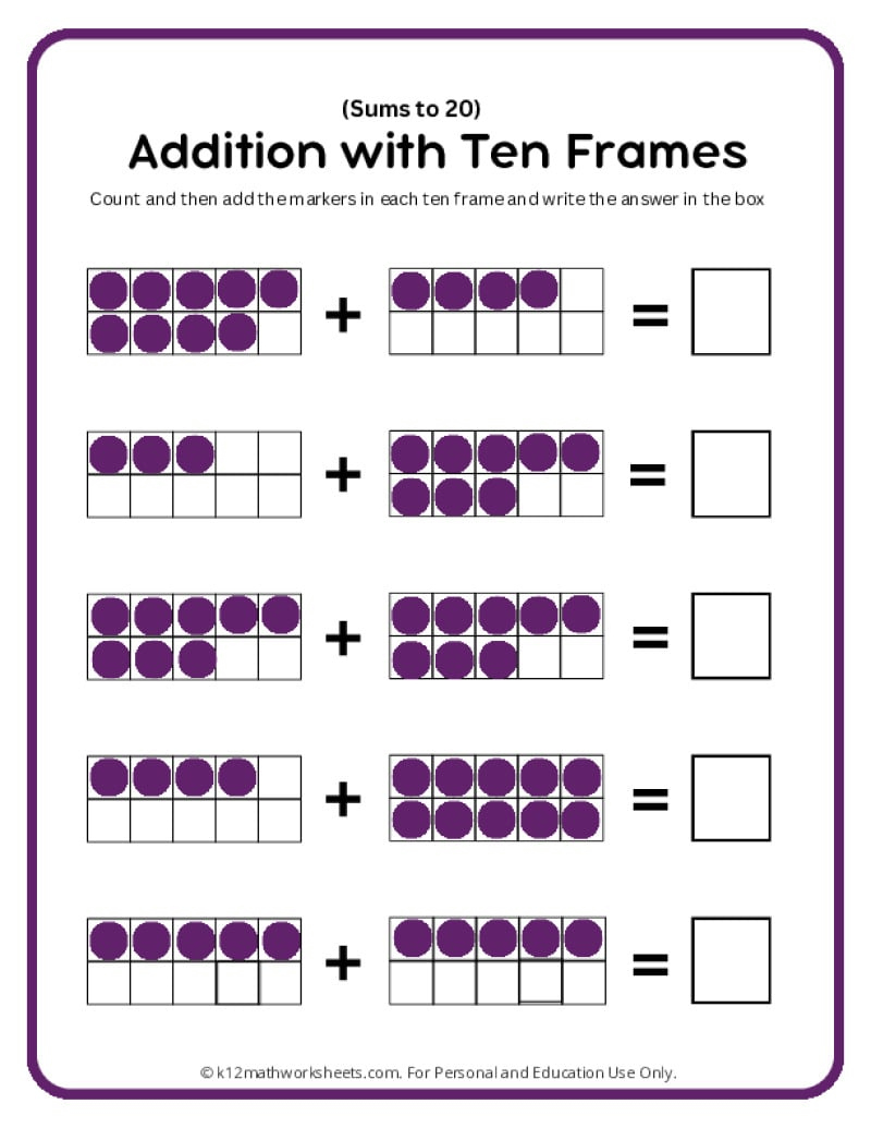 Addition With Ten Frames Worksheets in Printable Ten Frames 1-20 Free