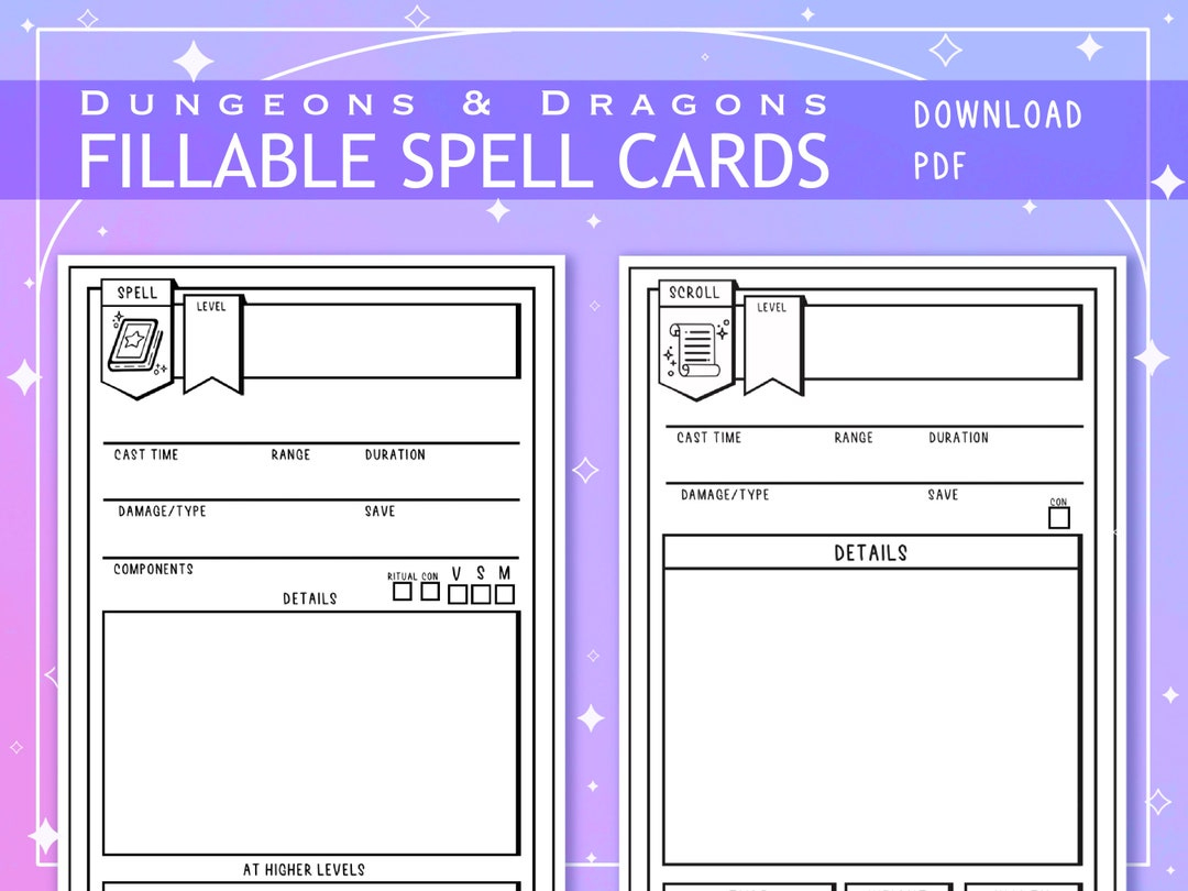 Blank Illustrated Pdf Spell And Scroll Cards For Dungeons And for D&amp;amp;D Printable Spell Cards