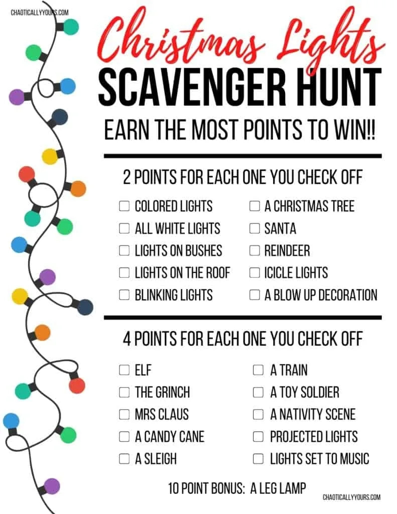 Christmas Lights Scavenger Hunt (Free Worksheet) - Chaotically Yours with Christmas Lights Scavenger Hunt List Printable