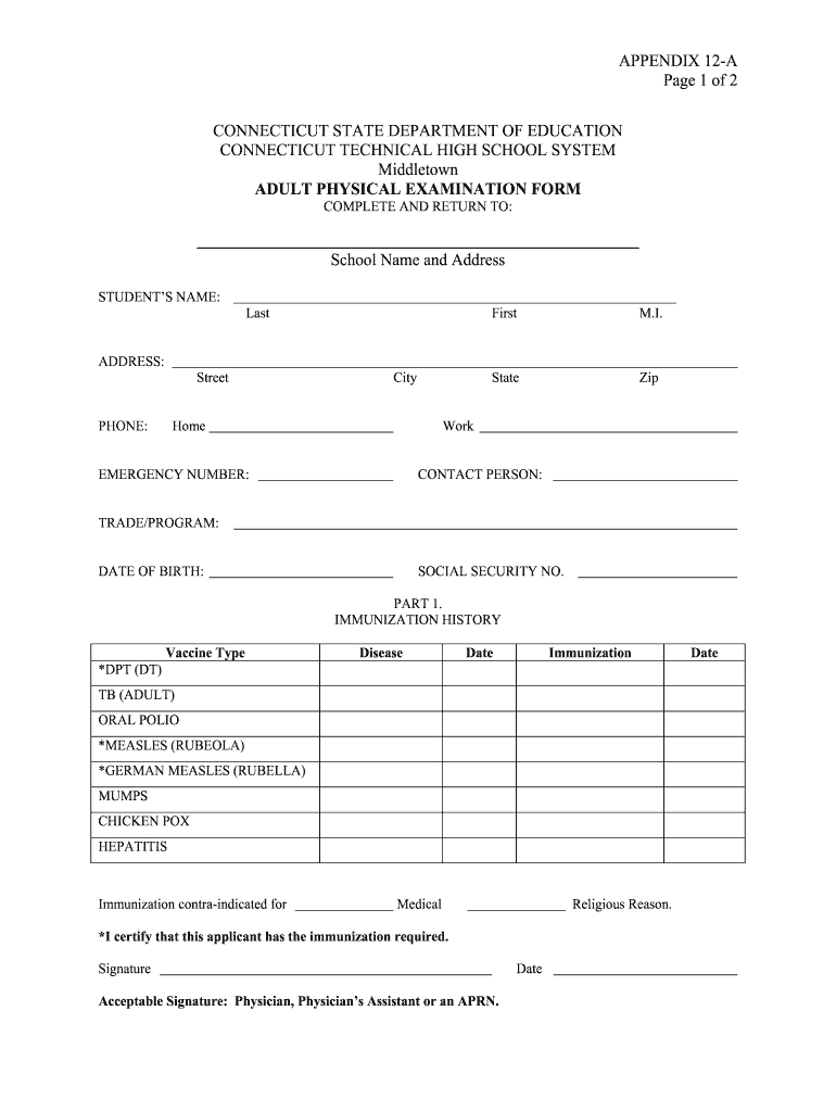 Ct Technical High School System Adult Form - Fill Online with regard to Printable Physical Form For Work