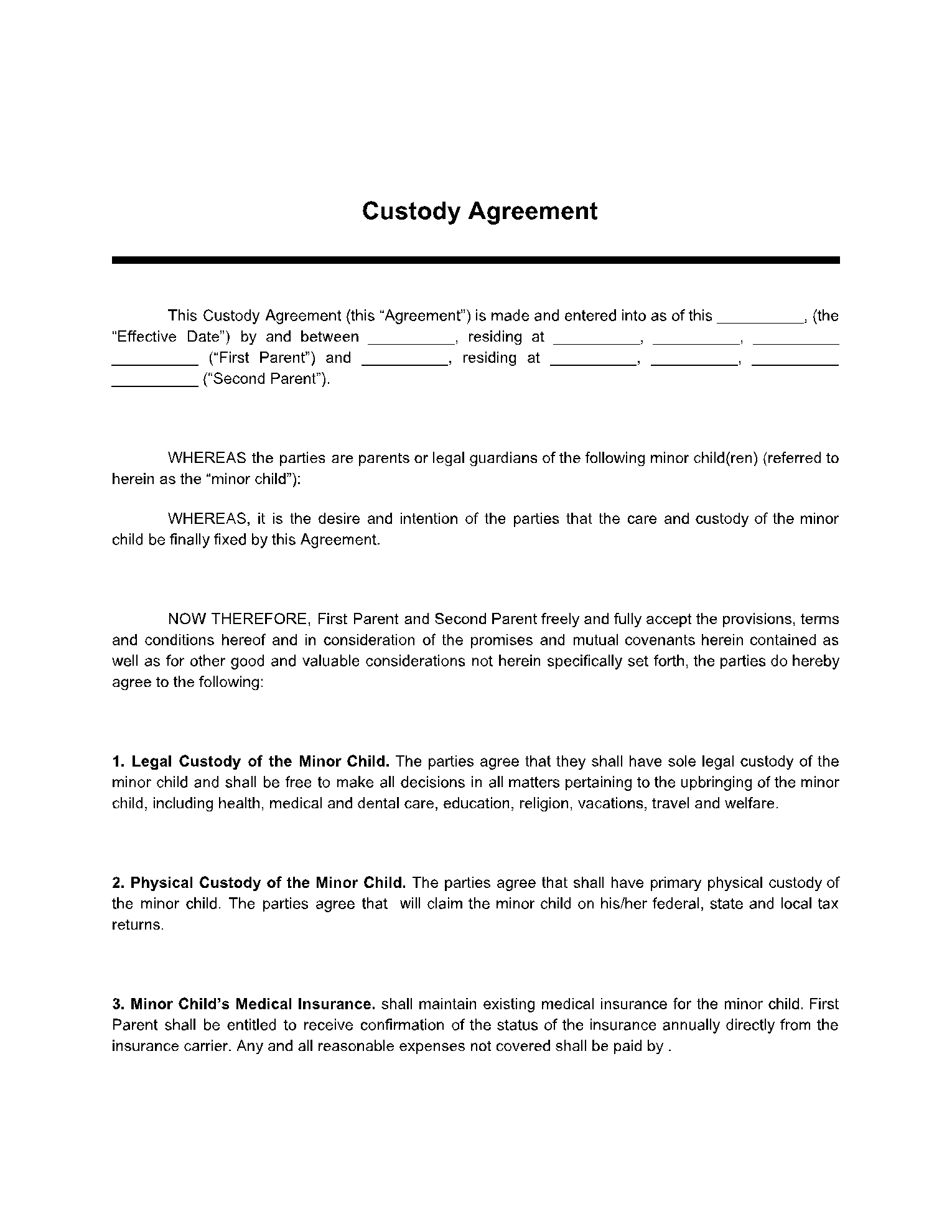 Custody Agreement Template (100% Free) - Cocosign regarding Printable Co Parenting Agreement Template