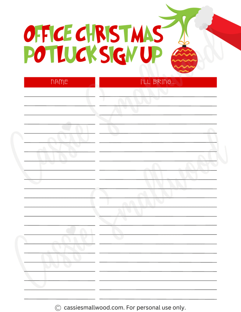 Cute Christmas Potluck Sign Up Sheets - Cassie Smallwood with regard to Printable Christmas Sign Up Sheet