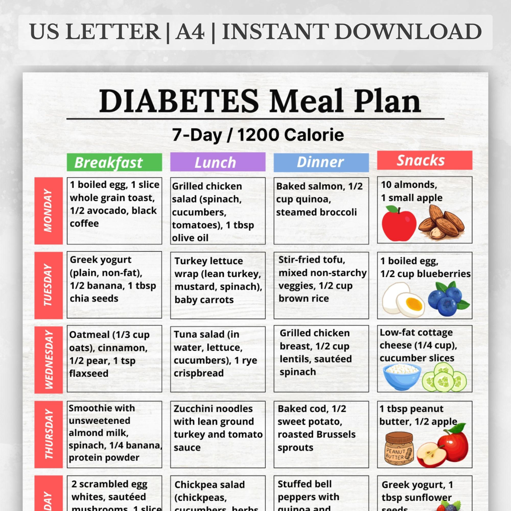 Diabetes Meal Plan Printable, 7 Day 1200 Calorie Menu, Low intended for Free Printable 1200 Calorie Diabetic Diet Plan