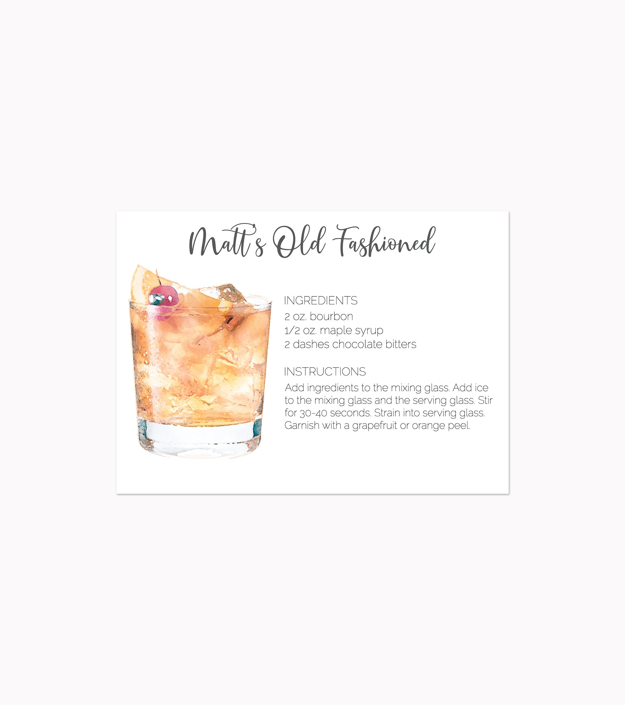 Editable Old Fashioned Recipe Card: Whiskey Bourbon Cocktail intended for Printable Old Fashioned Recipe Card