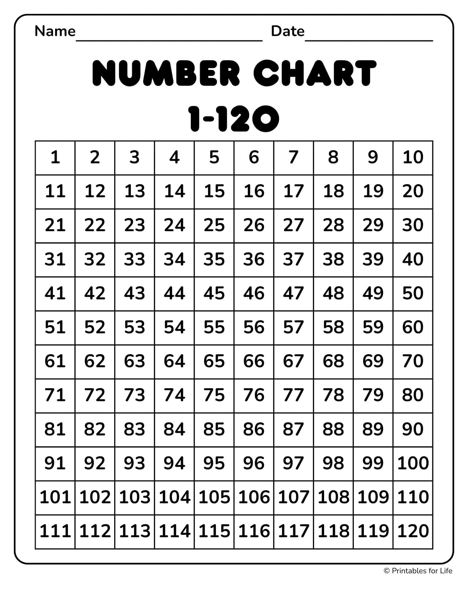 Free 1-120 Number Chart To Print For Kids inside 1-120 Cards Free Printable