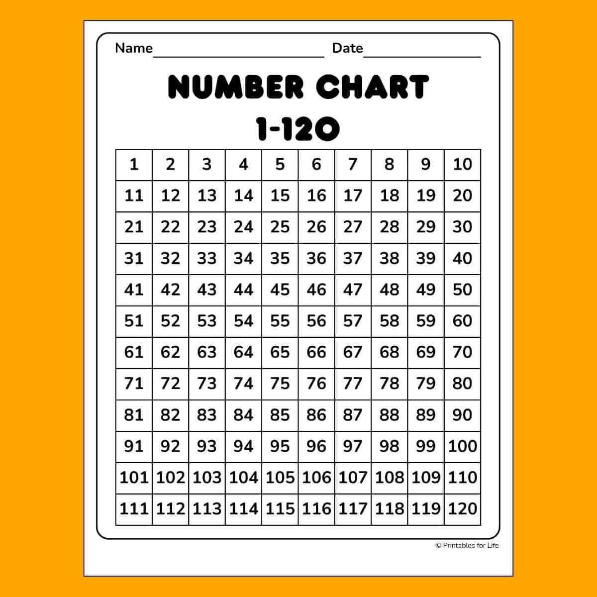 Free 1-120 Number Chart To Print For Kids intended for 1-120 Number Chart Printable