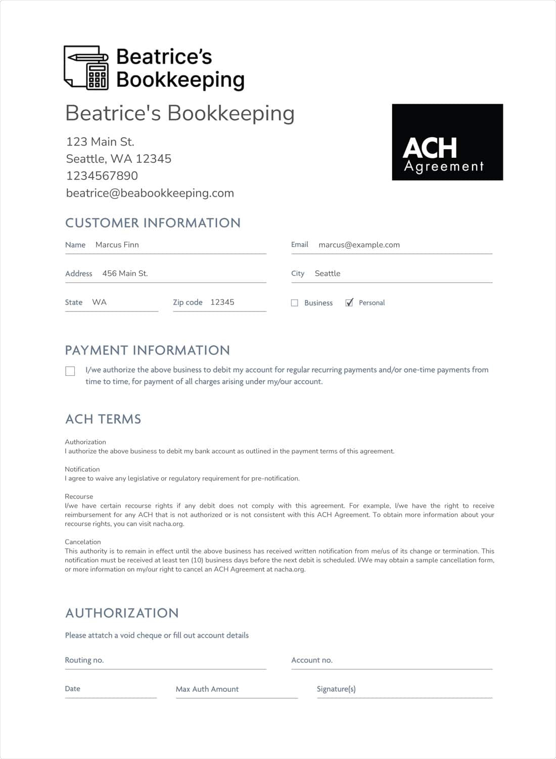 Free Ach Form Generator And Template - Rotessa with regard to Printable Blank Ach Authorization Form Template