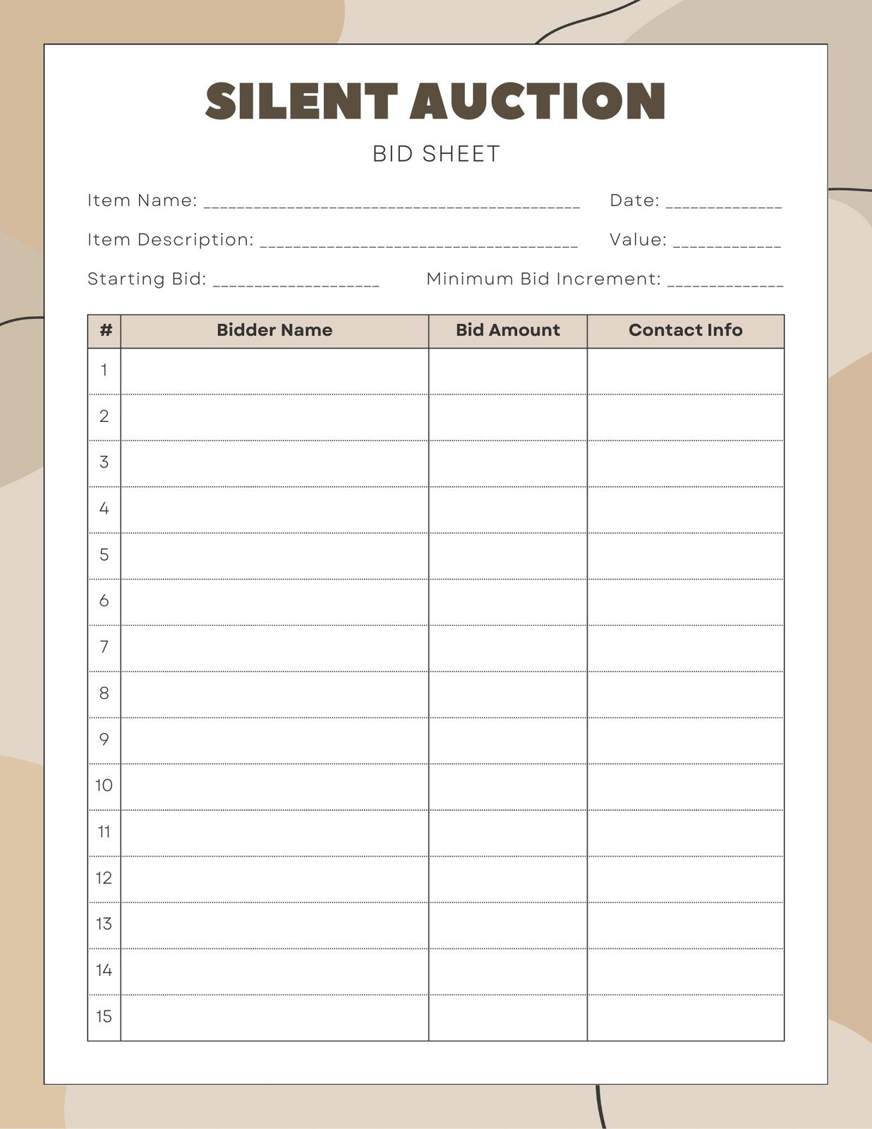 Free And Customizable Auction Templates for Printable Silent Auction Bid Sheets