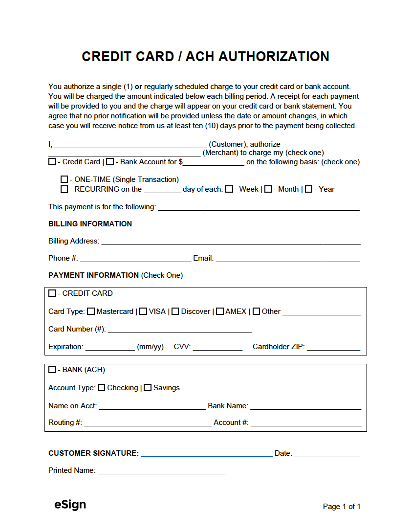 Free Credit Card / Ach Payment Authorization Forms | Pdf | Word regarding Printable Blank Ach Authorization Form Template