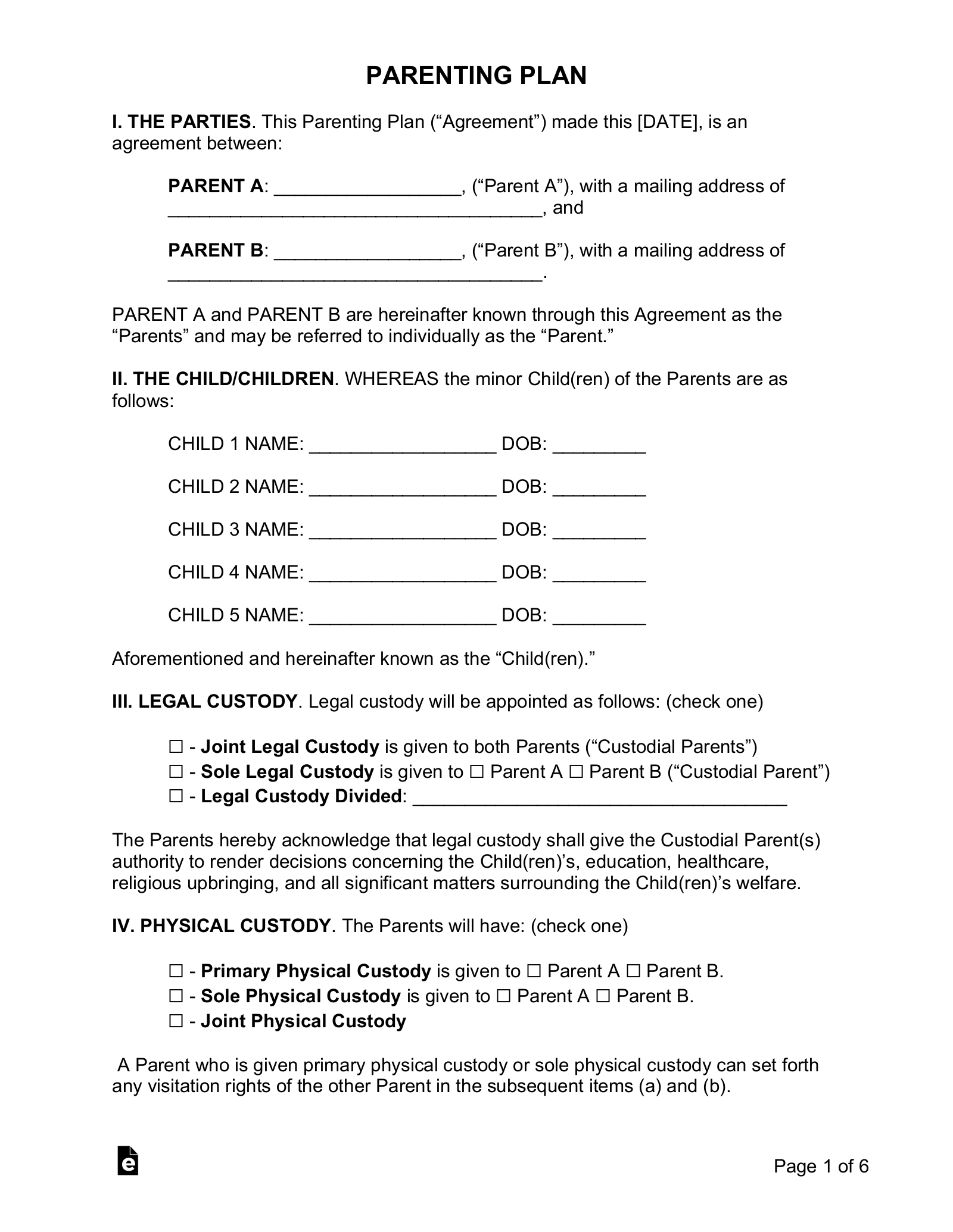 Free Custody (Parenting Plan) Agreement Template - Pdf | Word – Eforms regarding Printable Co Parenting Agreement Template