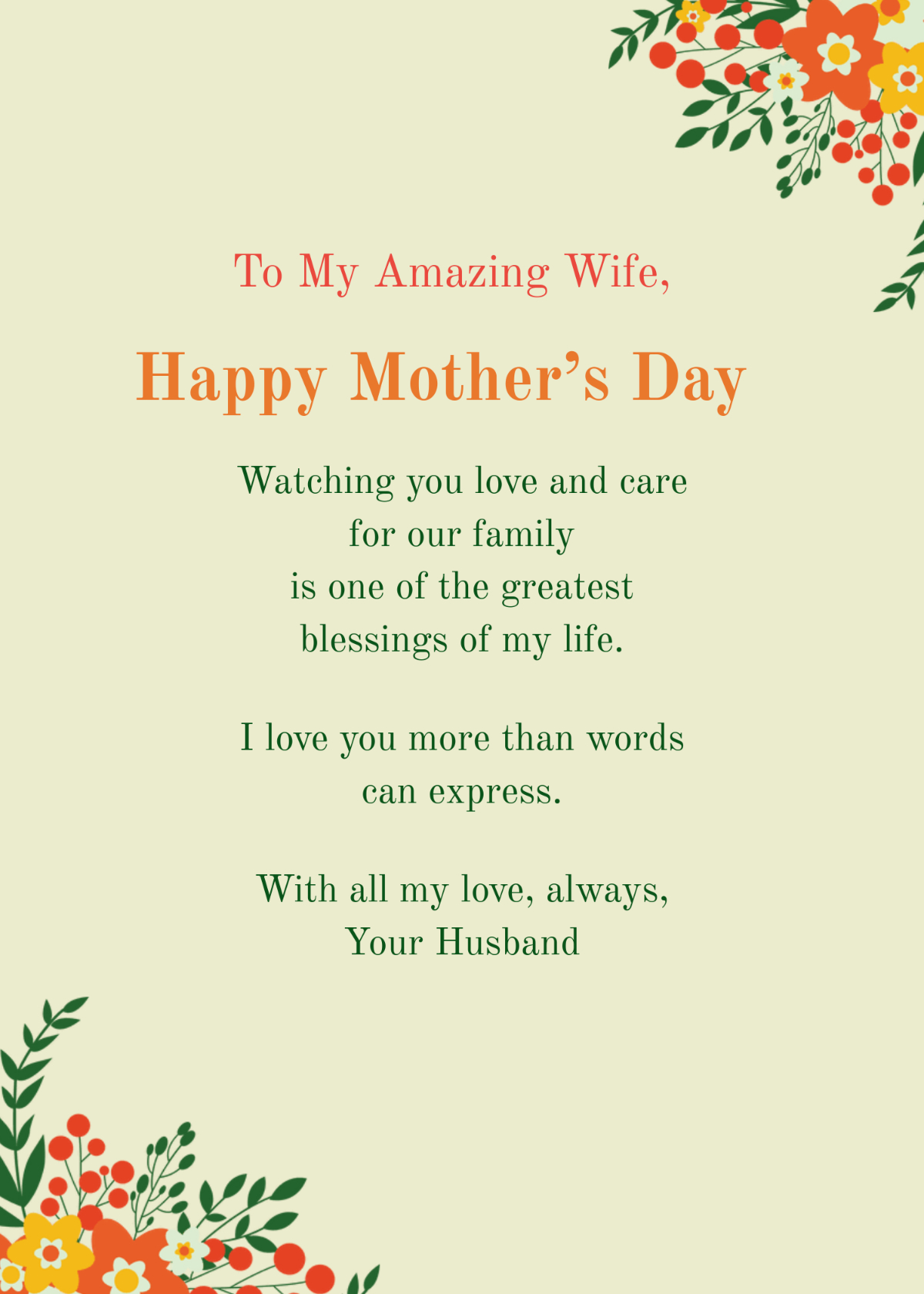 Free Heartwarming Mother'S Day Wishes From Husband Template To with regard to Free Printable Mother'S Day Cards For Wife