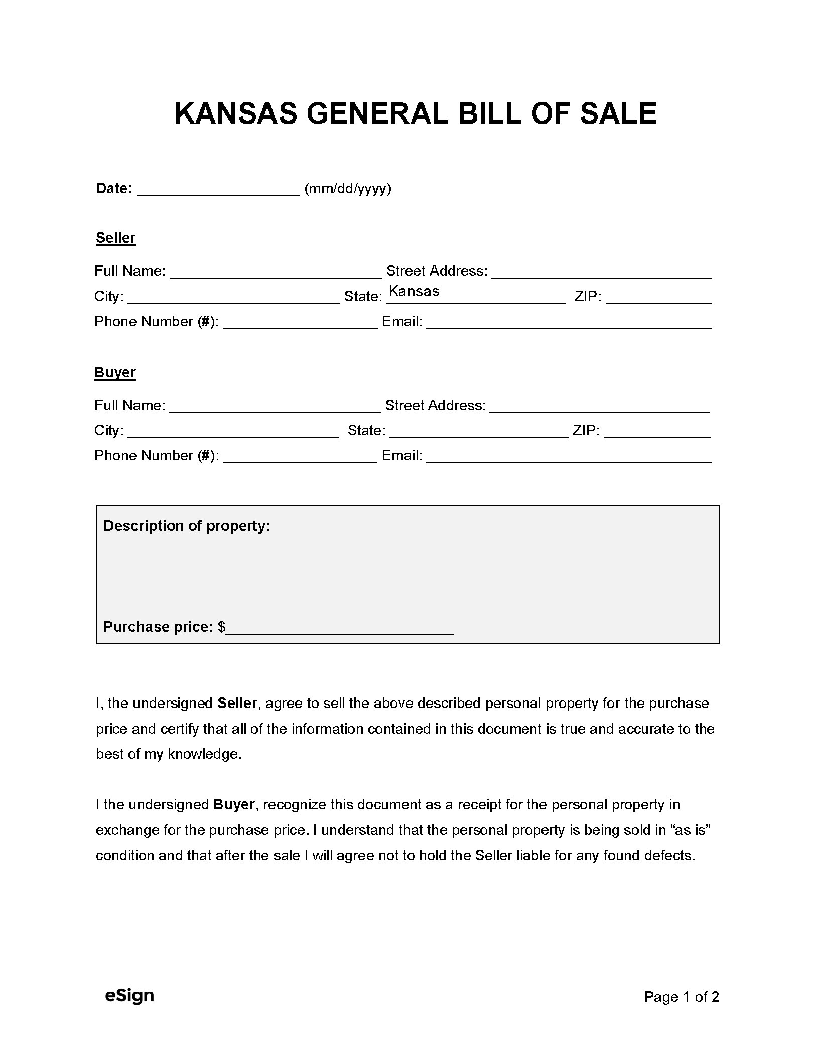 Free Kansas General Bill Of Sale Form | Pdf | Word within Printable Bill of Sale Kansas