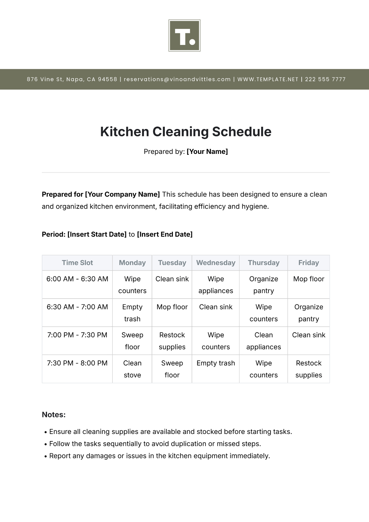 Free Kitchen Cleaning Schedule Templates, Editable And Printable throughout Printable Commercial Kitchen Cleaning Schedule Template