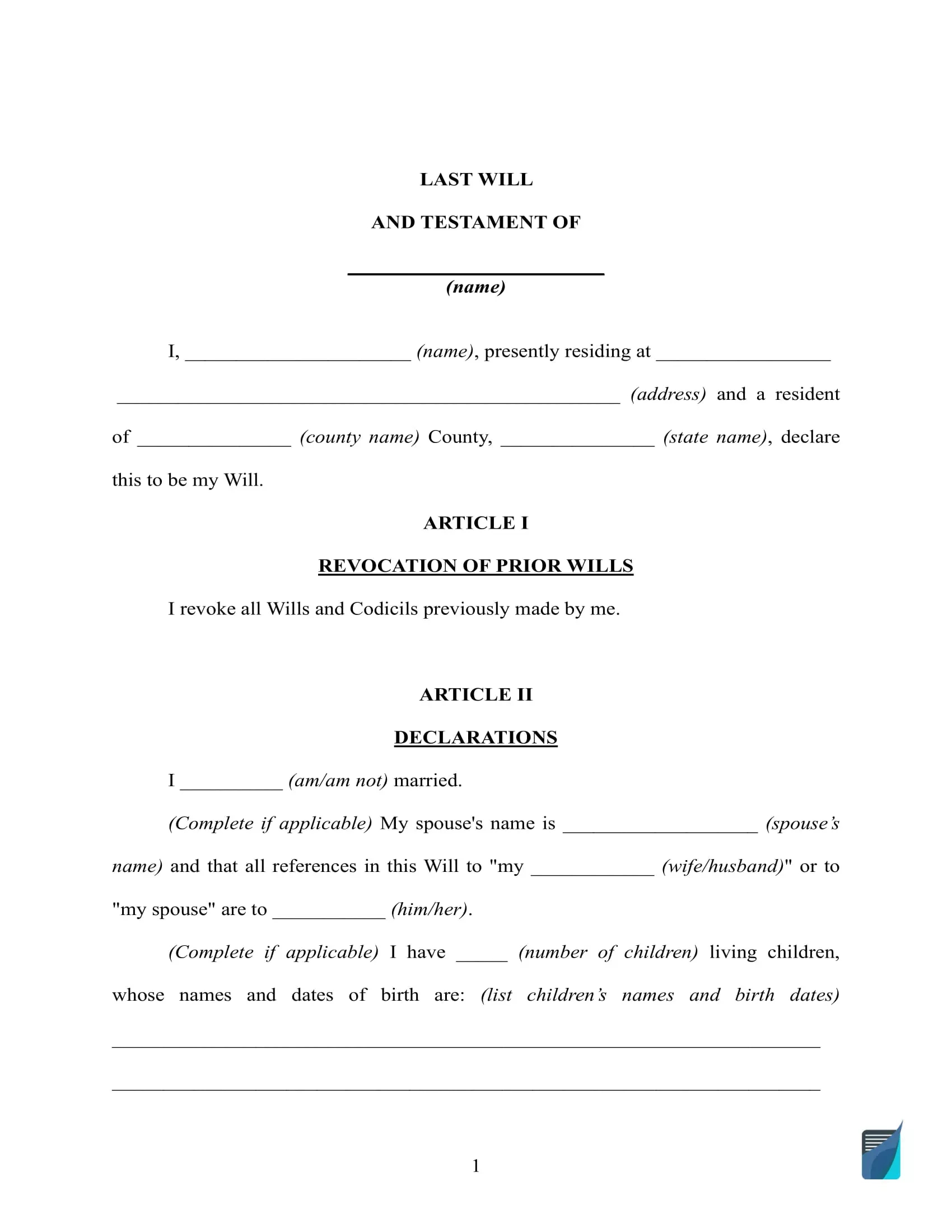 Free Last Will And Testament Template ⇒ Will Forms In Pdf And Doc regarding Free Printable Will Forms