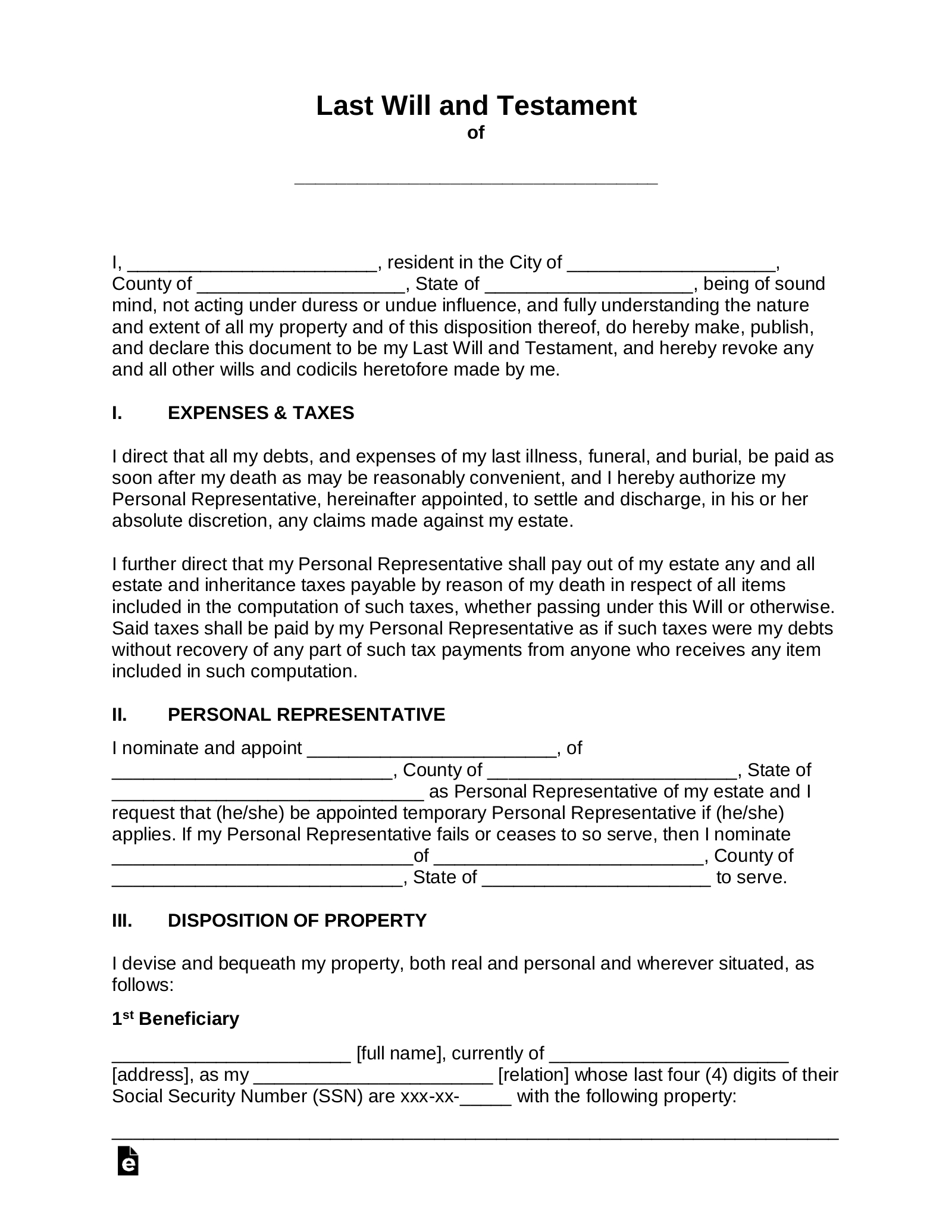 Free Last Will And Testament (Will) - Pdf | Word – Eforms with regard to Free Printable Will Forms