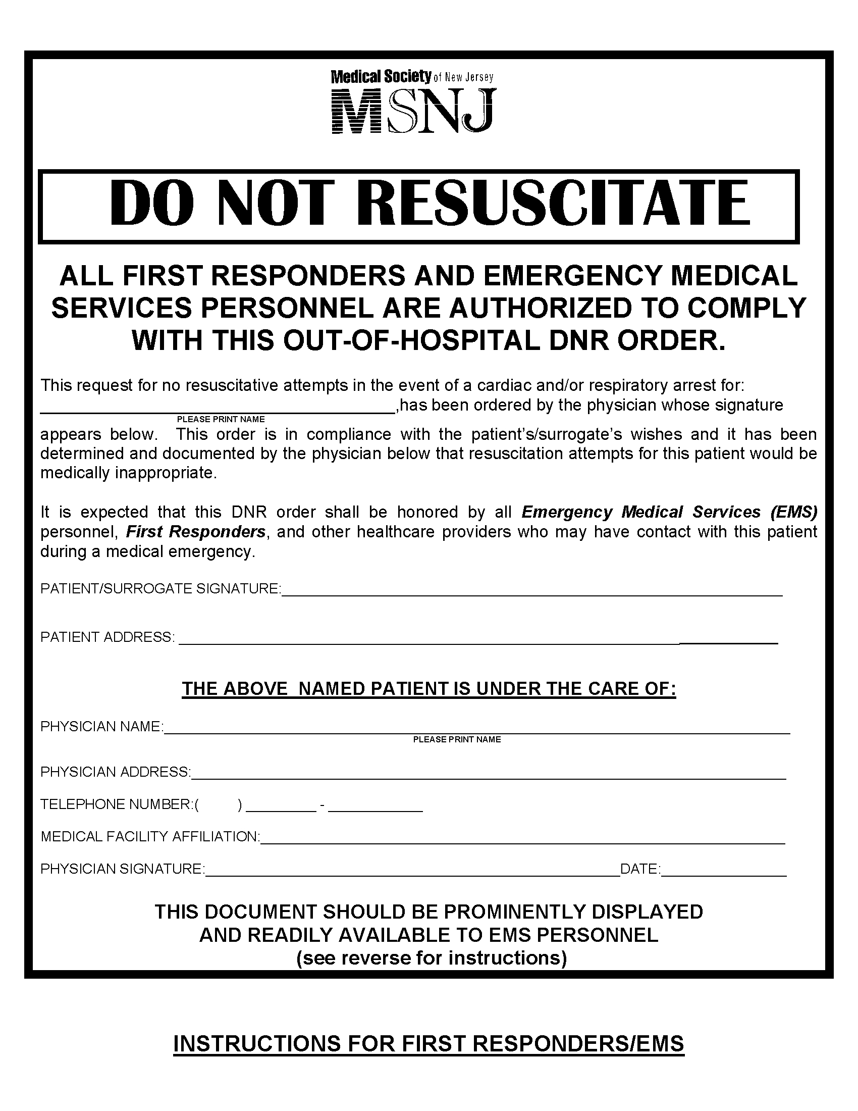 Free New Jersey Do Not Resuscitate (Dnr) Form | Pdf inside Do Not Resuscitate Printable Dnr Form