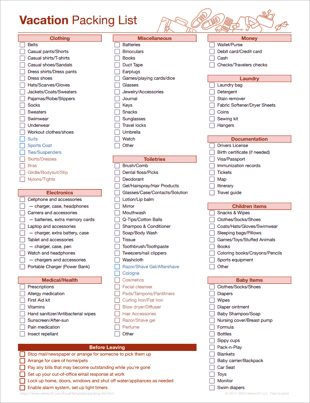 Free Packing List Template For Vacation, Travel Or College regarding Printable Packing List For Vacation