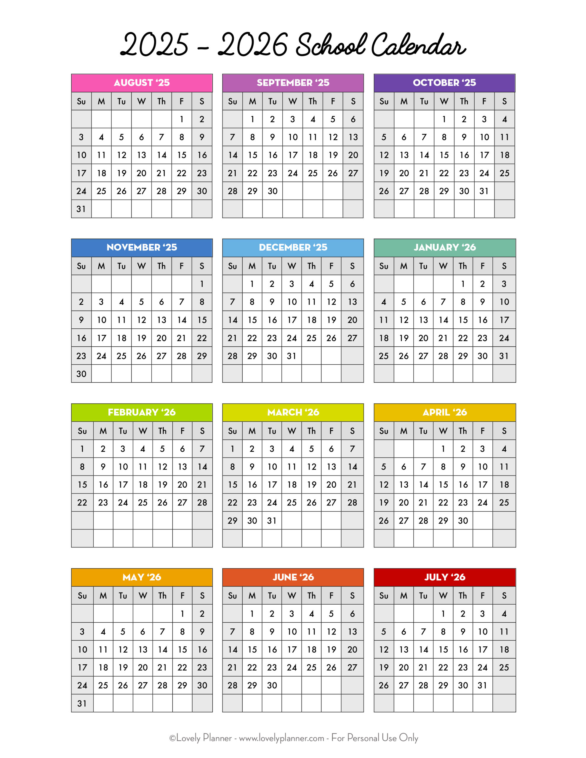 Free Printable 2025-2026 School Calendar - One Page Academic intended for 100th Day of School 2026 Printable Activities