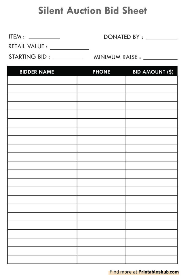 Free Printable Blank Silent Auction Bid Sheet Template Pdf pertaining to Printable Silent Auction Bid Sheets