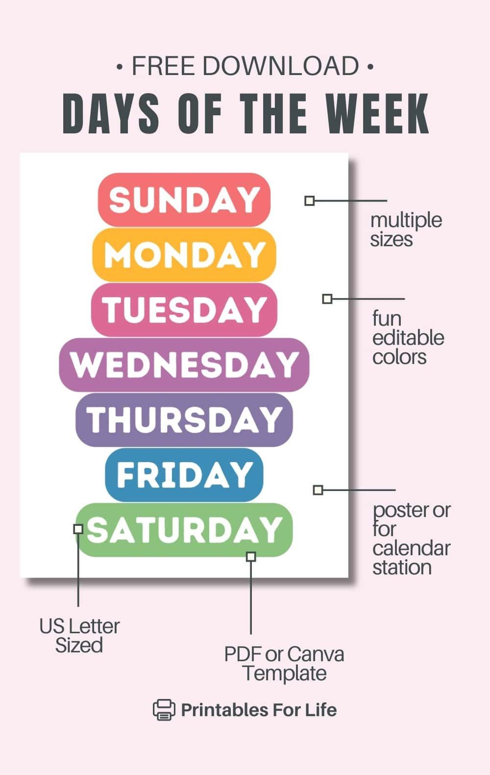 Free Printable Days Of The Week Poster in Days of Week Printable Free