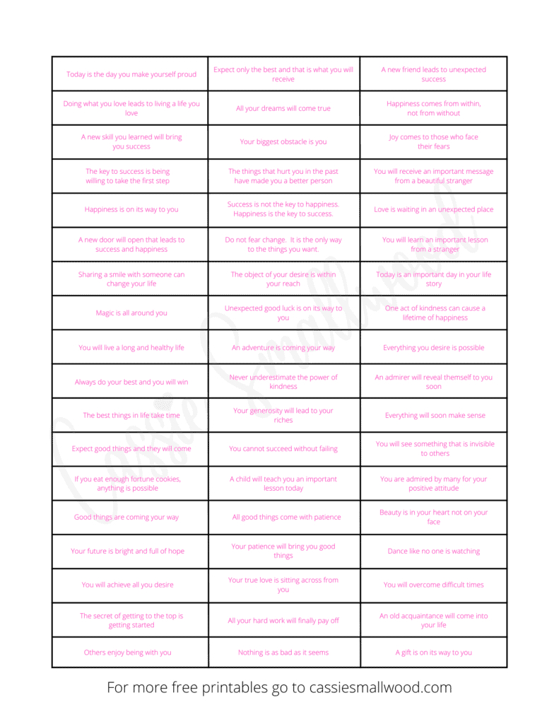 Free Printable Fortune Cookie Messages And Sayings - Cassie Smallwood in Printable Fortunes For Fortune Cookies