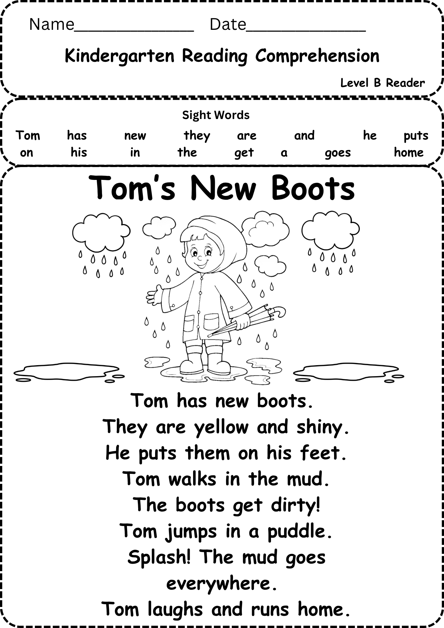 Free Reading Comprehension Kindergarten Level B – Tom'S New Boots intended for Level B Reading Books Free Printable