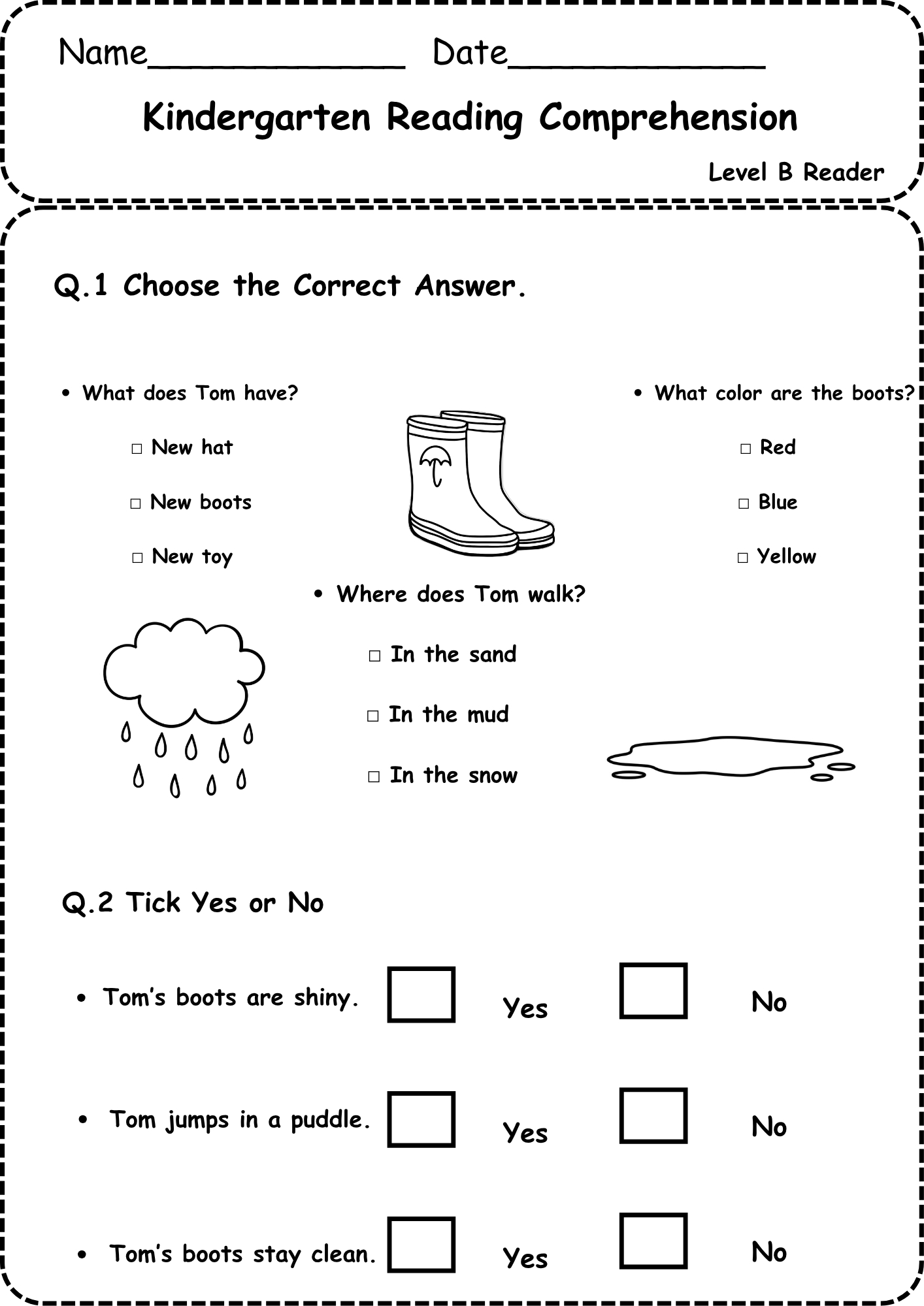 Free Reading Comprehension Kindergarten Level B – Tom'S New Boots regarding Level B Reading Books Free Printable