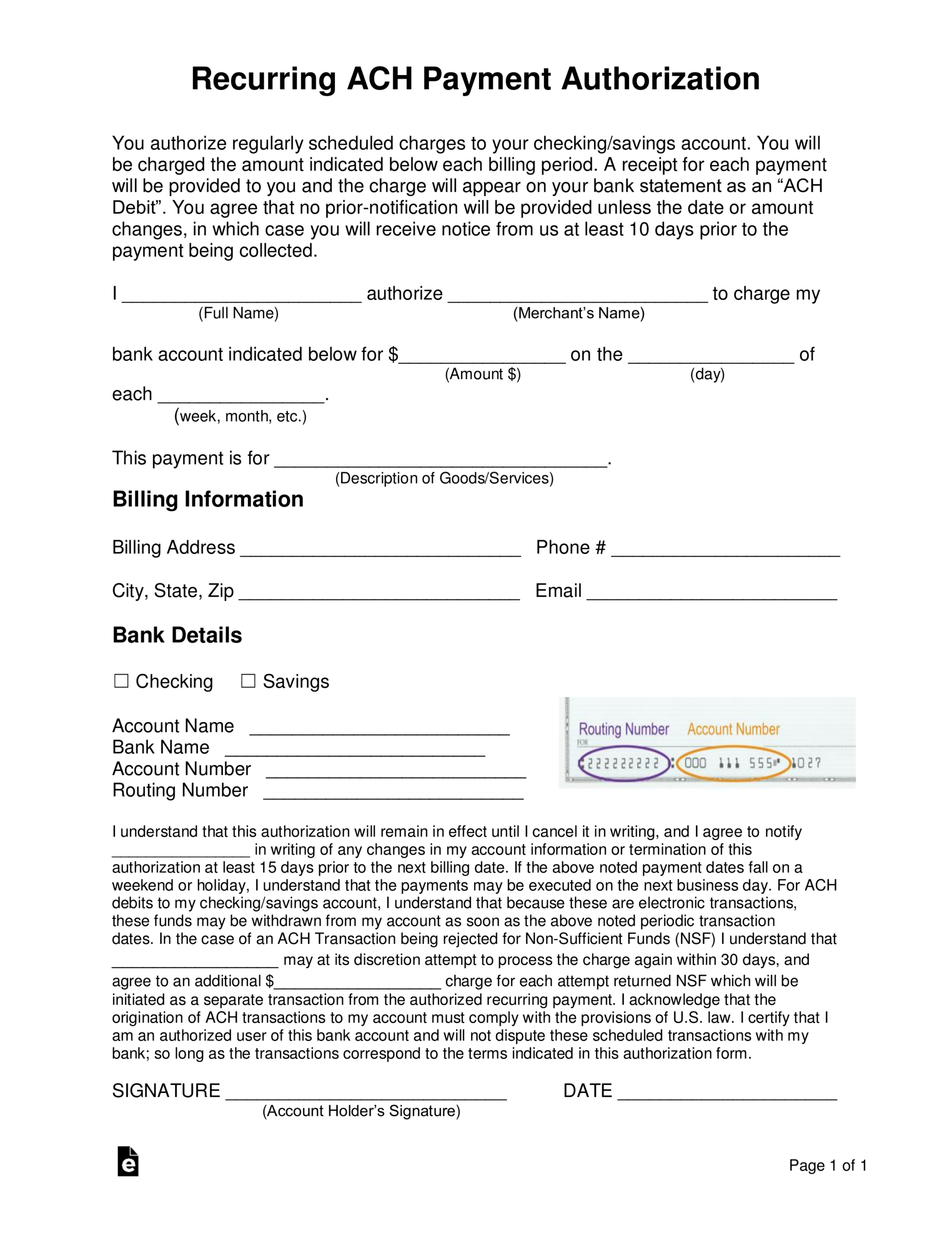 Free Recurring Ach Payment Authorization Form - Pdf | Word – Eforms inside Printable Blank Ach Authorization Form Template