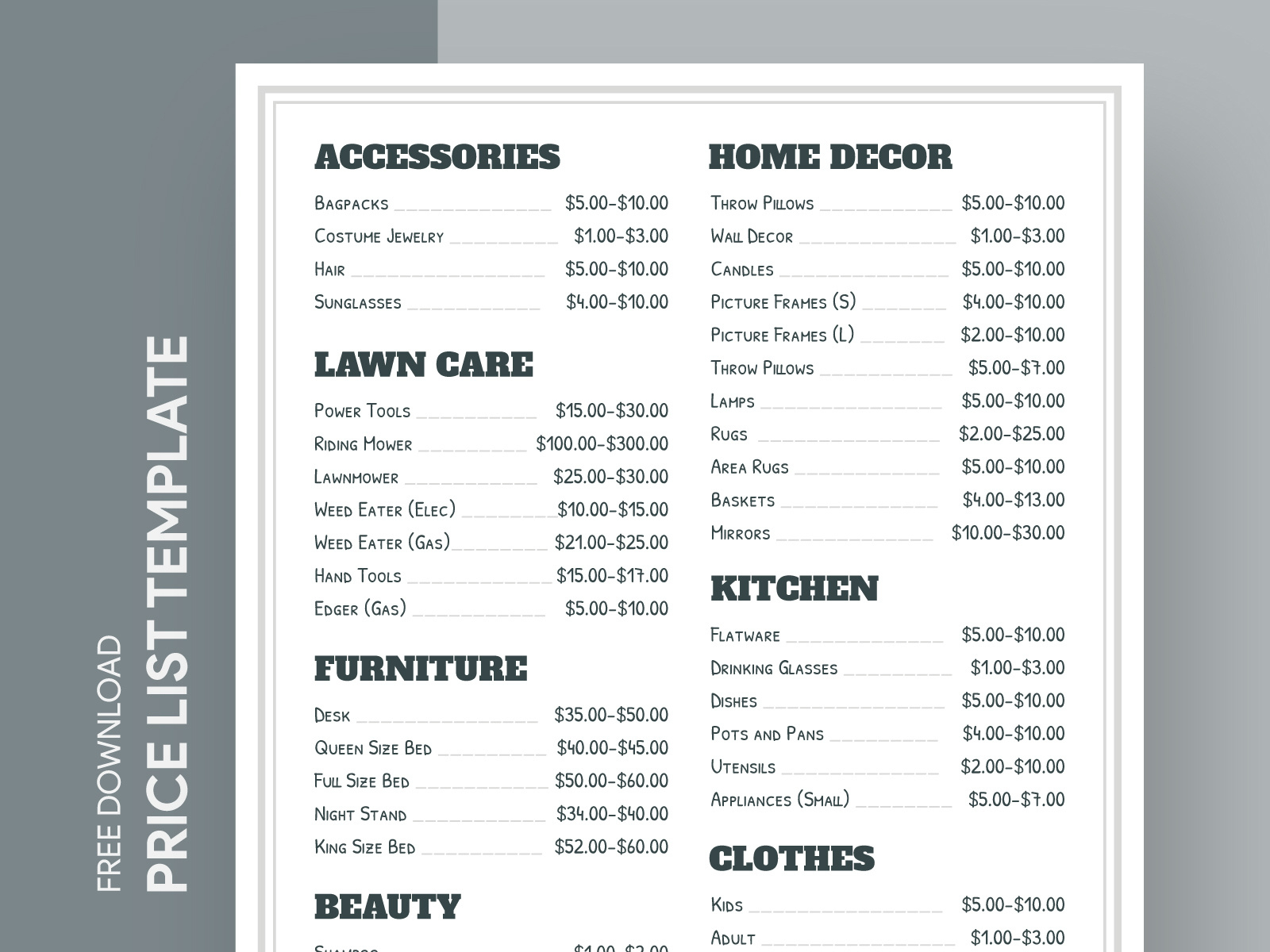 Garage Sale Price List Free Google Docs Templategdoc On Dribbble regarding Printable Garage Sale Pricing Guide