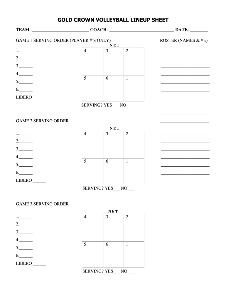 Gold Crown Volleyball Lineup Sheet Form - Fill Online, Printable within Printable Blank Volleyball Court Rotation Sheets