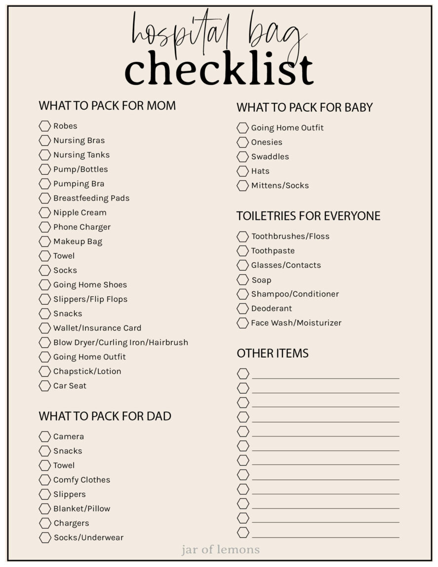 Hospital Bag Checklist Printable: What You Actually Need - Jar Of within Printable Checklist For Hospital Bag