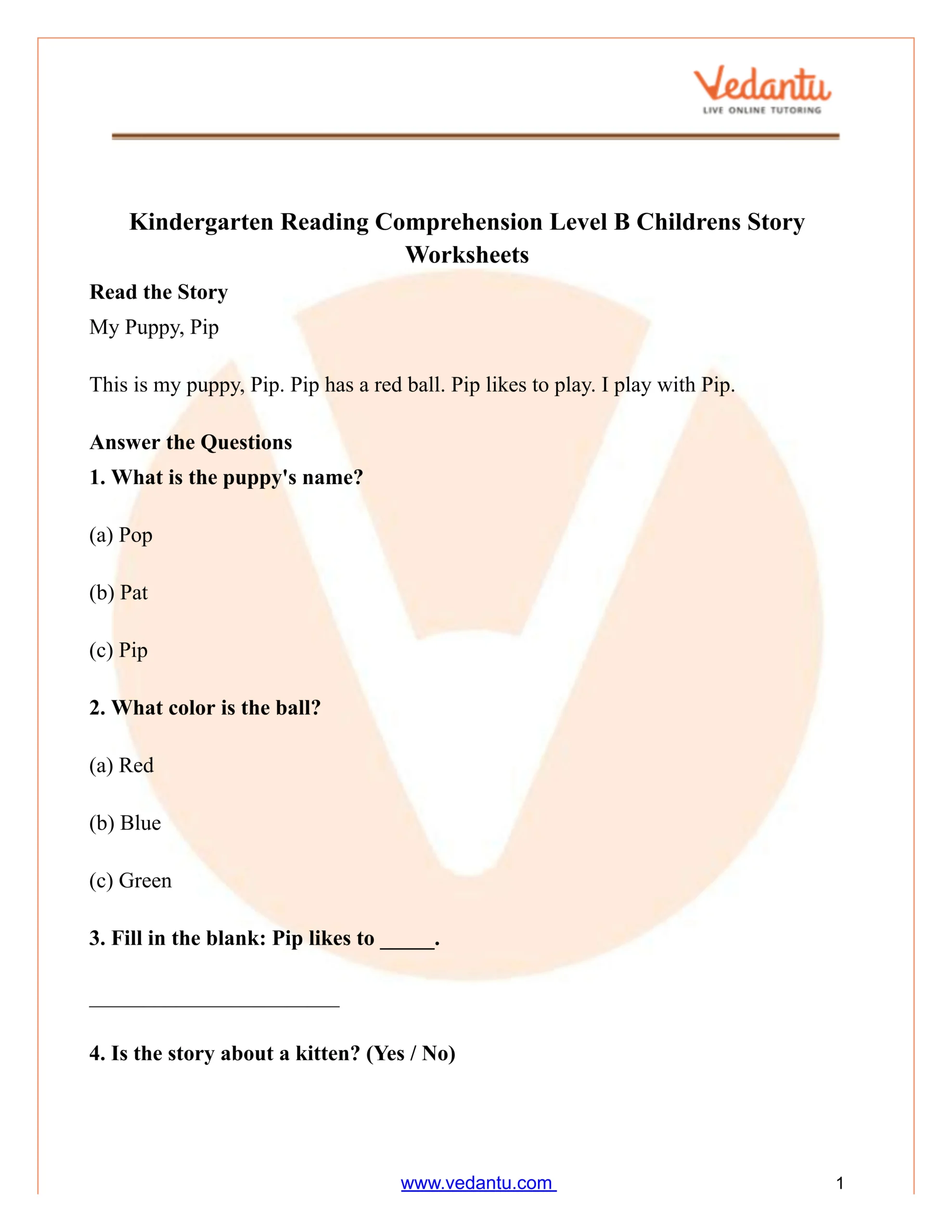 Kindergarten Reading Comprehension Level B Story Worksheet for Level B Reading Books Free Printable