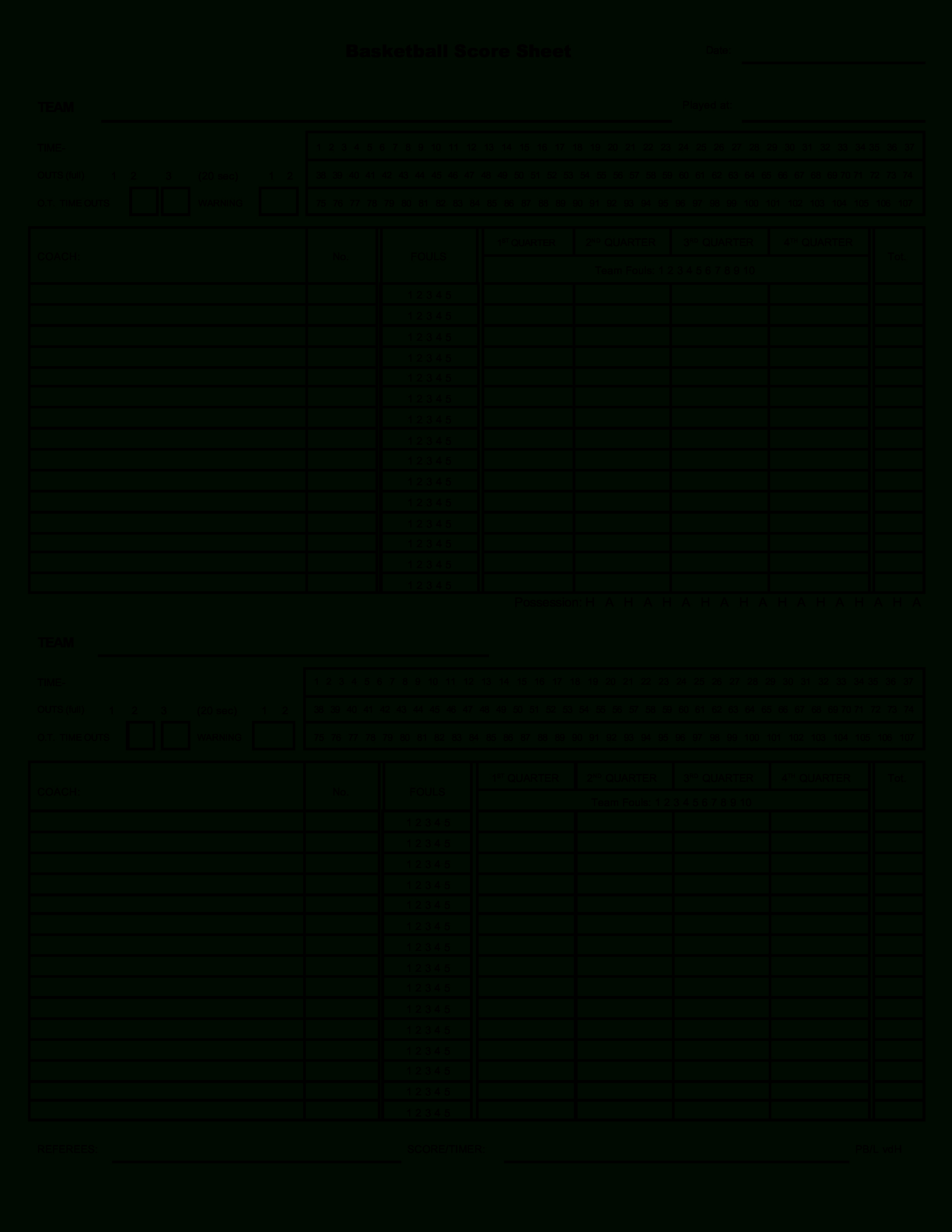 Kostenloses Generic Basketball Score Sheet for Free Printable Basketball Score Sheet