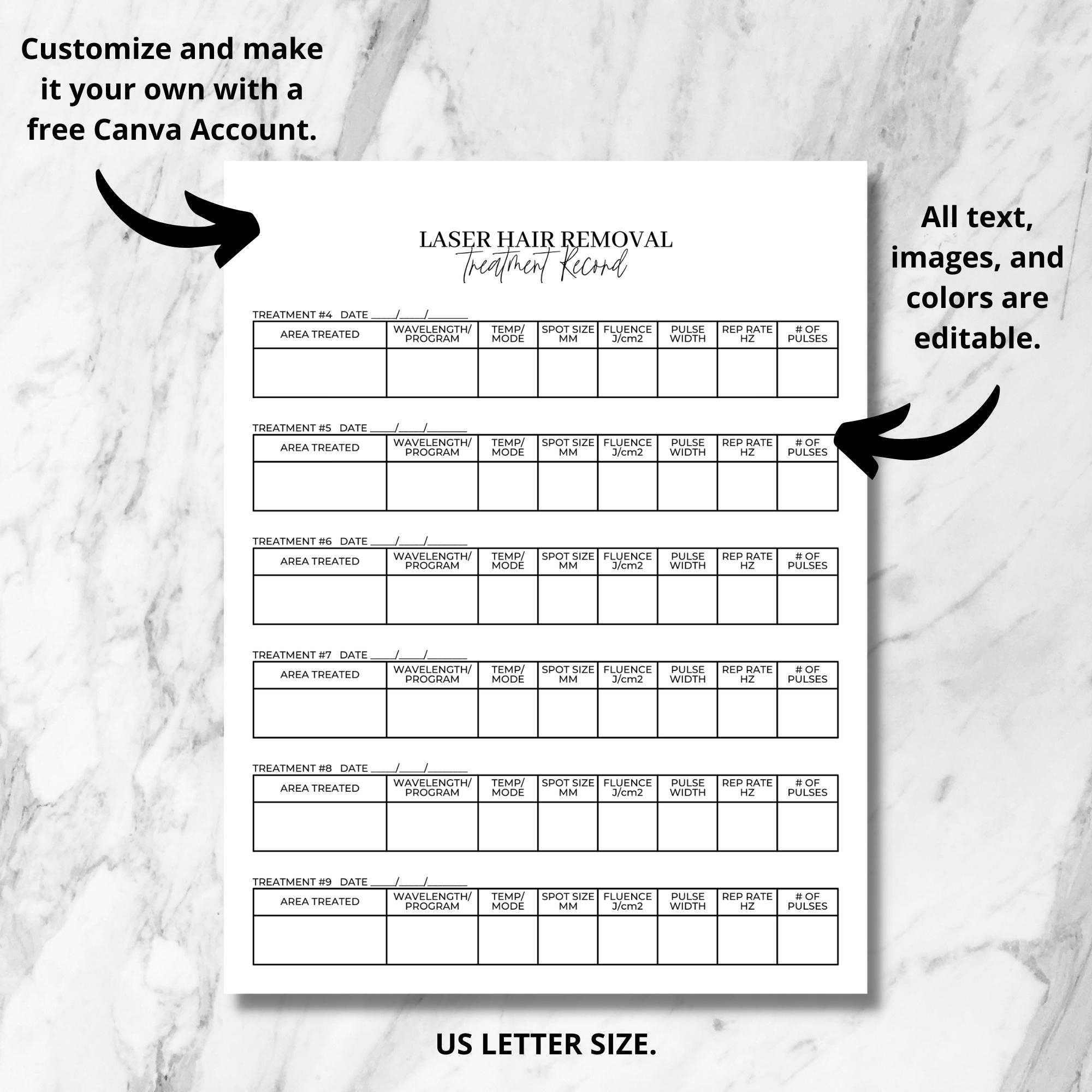 Laser Hair Removal Treatment Record Chart | Editable Med Spa Form intended for Printable Laser Hair Removal Treatment Record Form