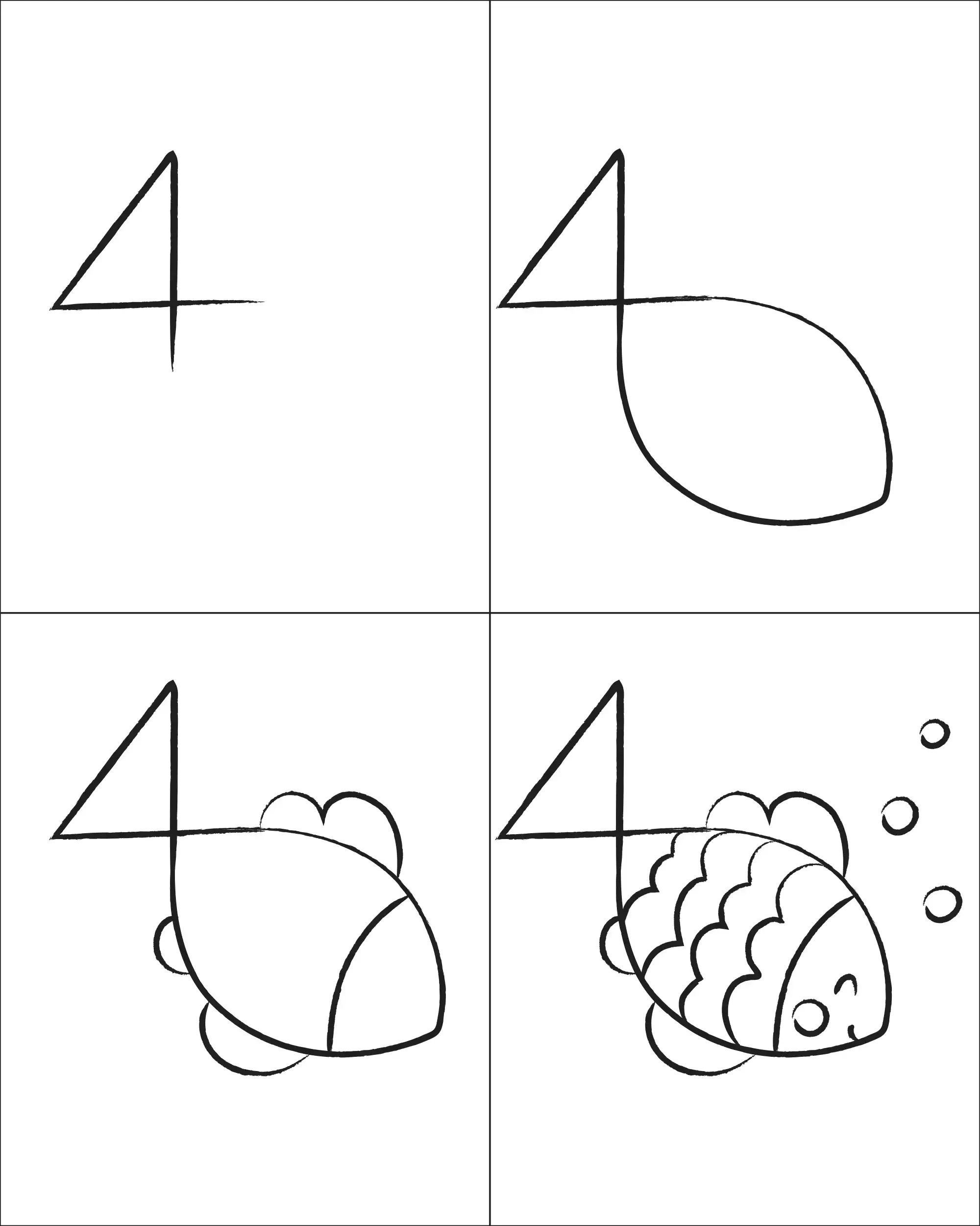 Learn How To Turn The Number 4 Into A Cute Fish With This Easy inside Step By Step Drawing For Kids Printable