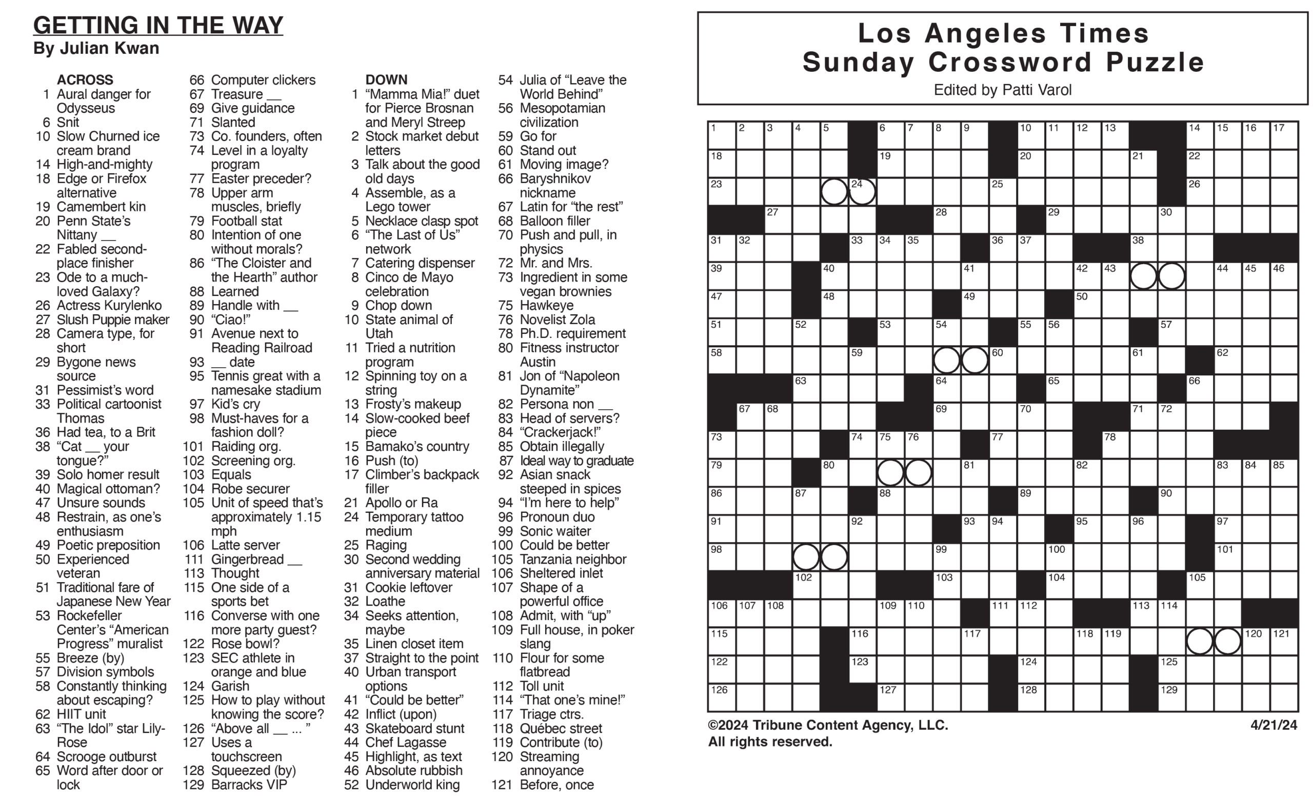 Los Angeles Times Sunday Crossword Puzzle | Tribune Content regarding La Times Crossword Printable