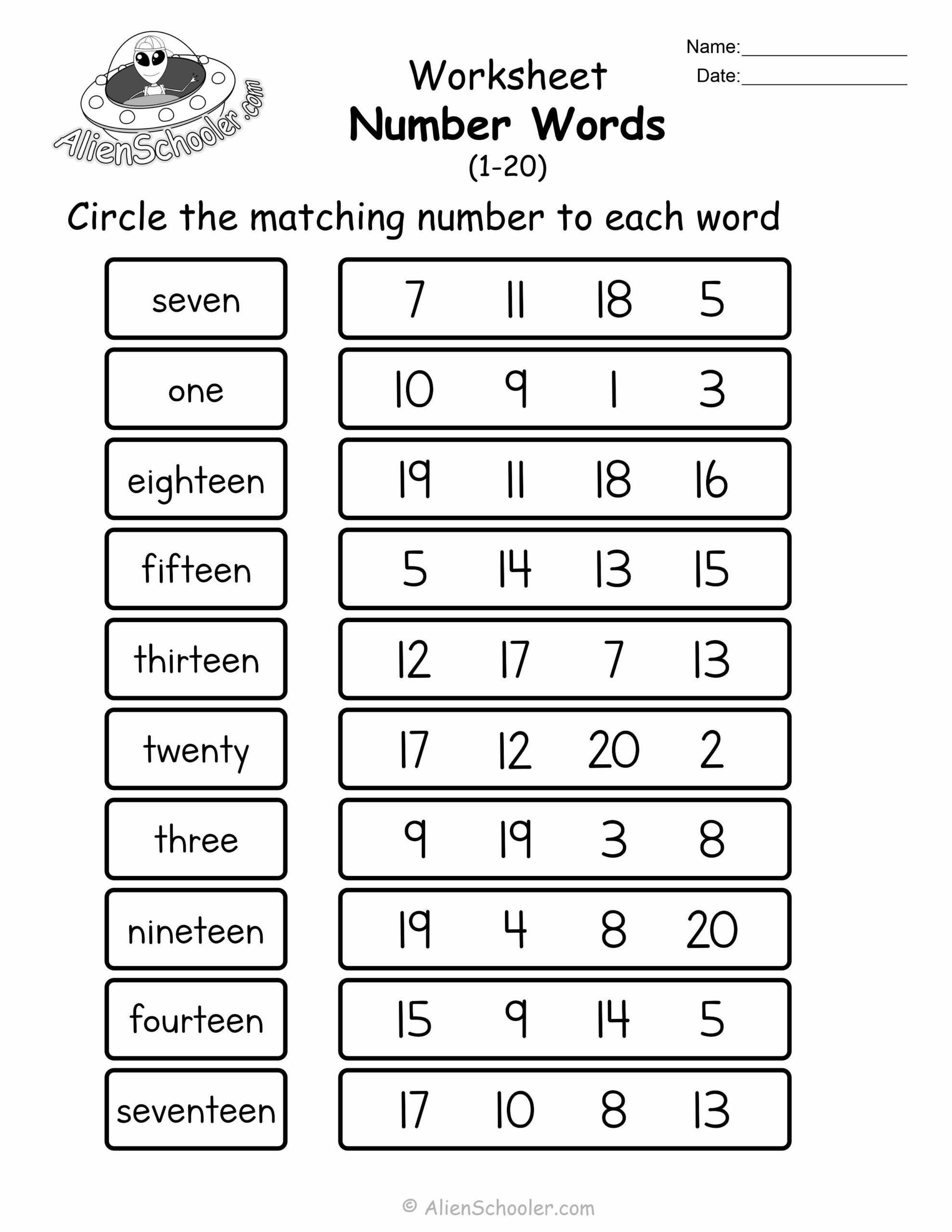 Match Number Words To Numbers 1-20 Worksheet Printable - Alien regarding 1 To 20 Match Numbers Printable