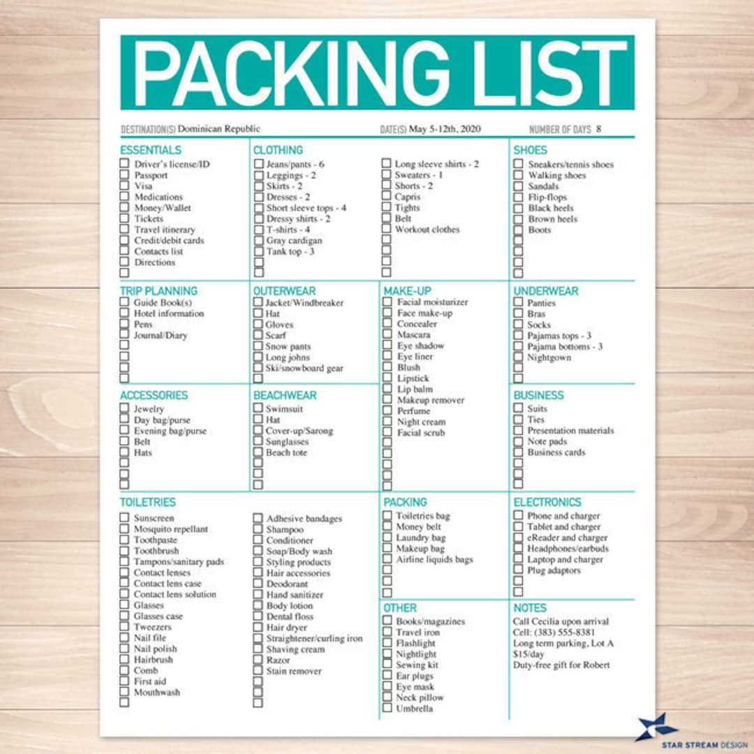 Modern Bright Aqua Printable Packing List, 8.5"X11", Editable Pdf, Instant Download Checklist - Etsy.de within Printable Packing List For Vacation